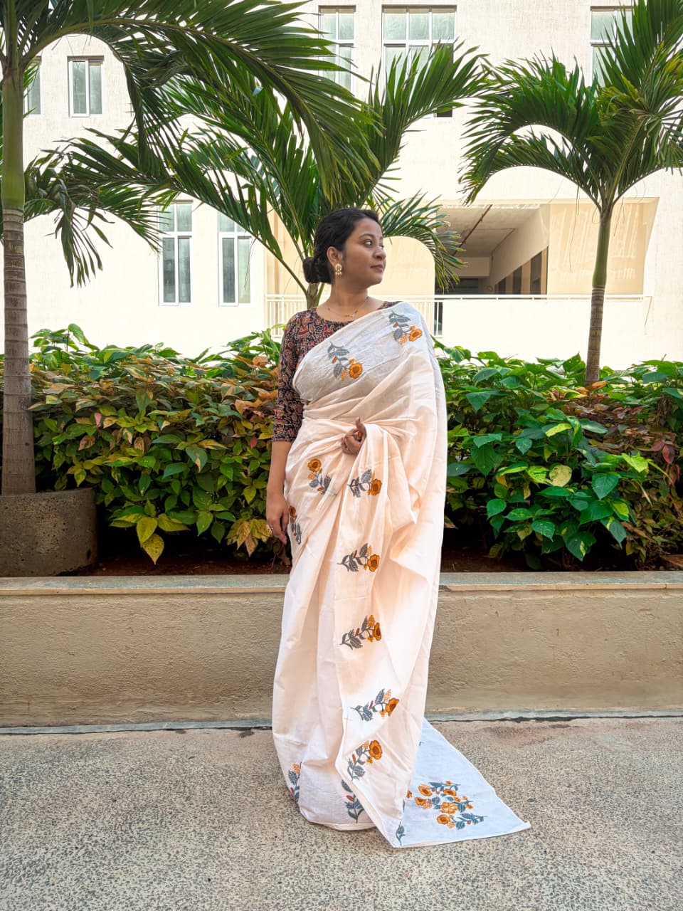 Pure Cotton Plan with Floral Motifs- Cream