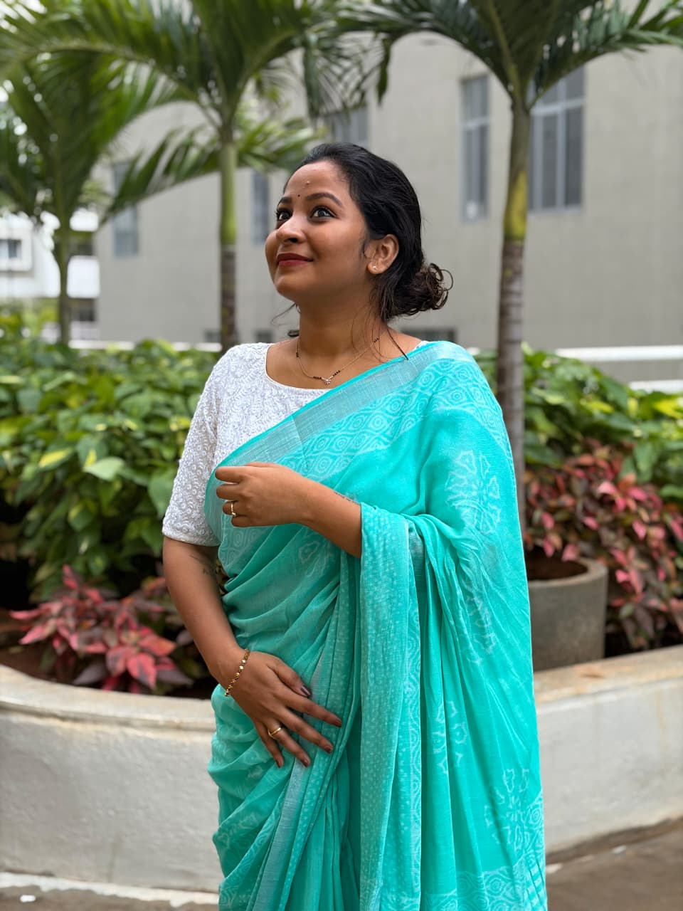 Bagru Soft Linen Saree – Chemical-Free Block Print- Sky Blue