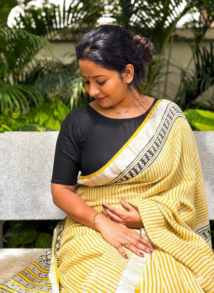Bagru Soft Linen Saree – Chemical-Free Block Print-Yellow