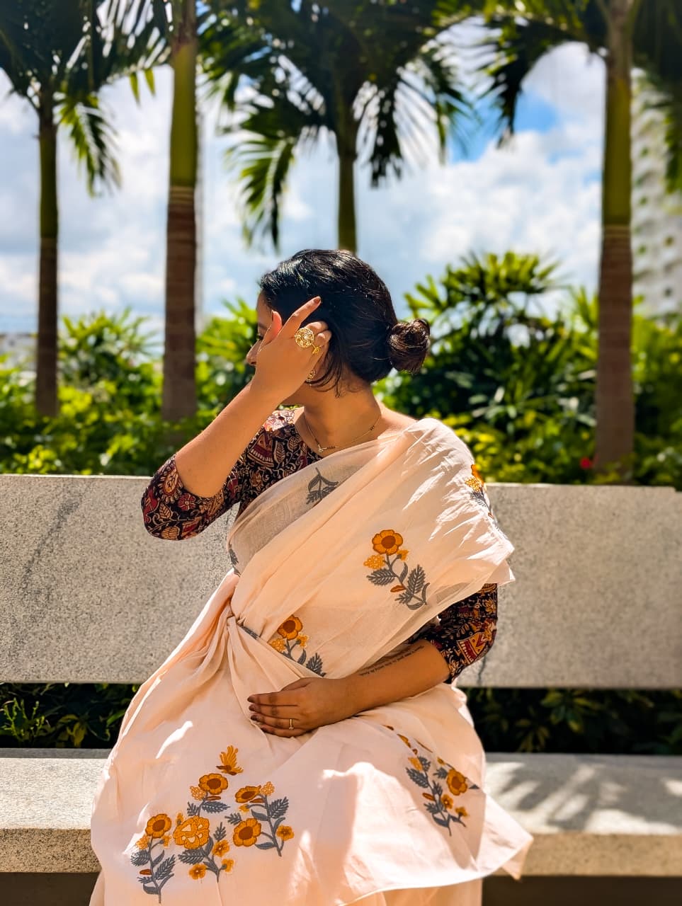 Pure Cotton Plan with Floral Motifs- Cream