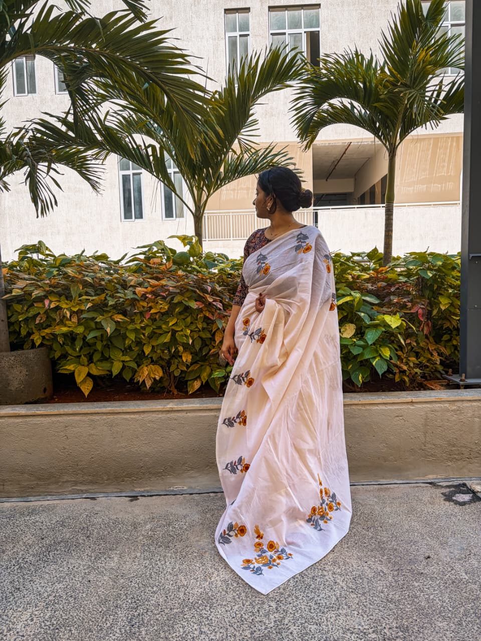 Pure Cotton Plan with Floral Motifs- Cream