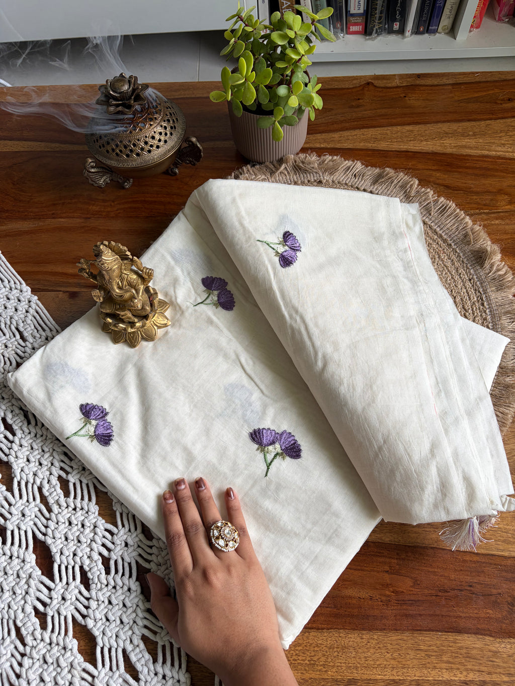 Soft Cotton Tissue Silk Saree – Intricate Cherry Embroidery -Purple