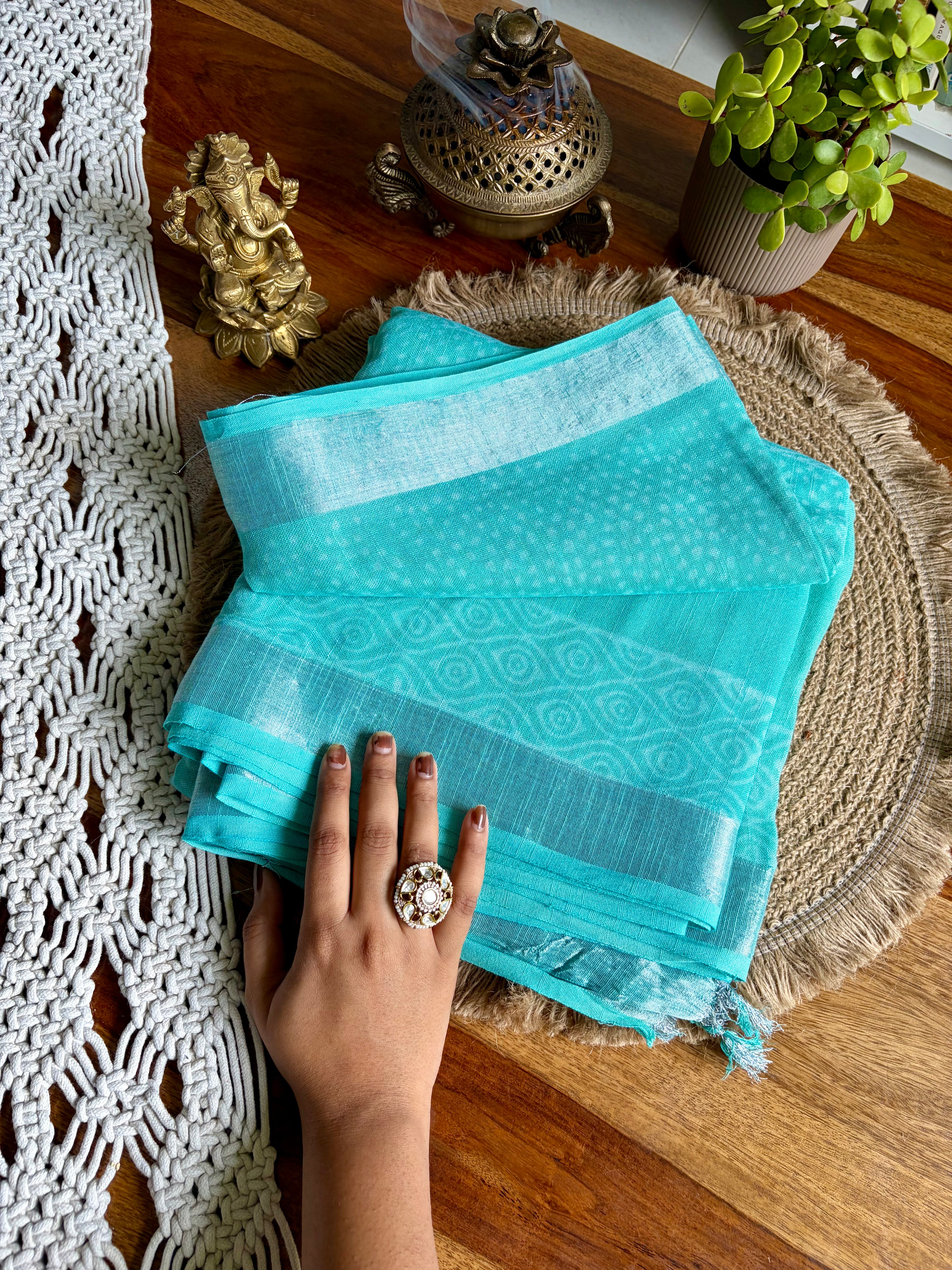 Bagru Soft Linen Saree – Chemical-Free Block Print- Sky Blue
