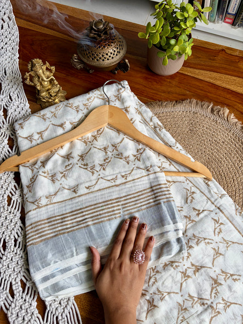 Bagru Soft Linen Saree – Chemical-Free Block Print-White