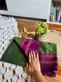Plain Semi-Silk Saree with Contrast Border-Green