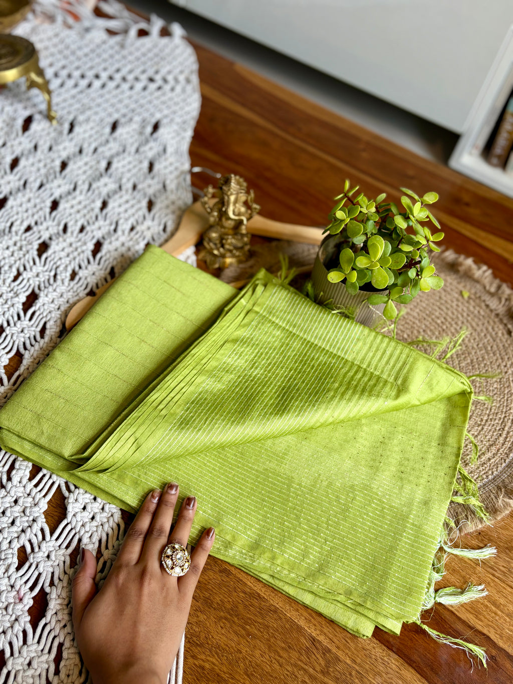 Soft Linen Cotton Saree – Intricate Sequins Work-Green