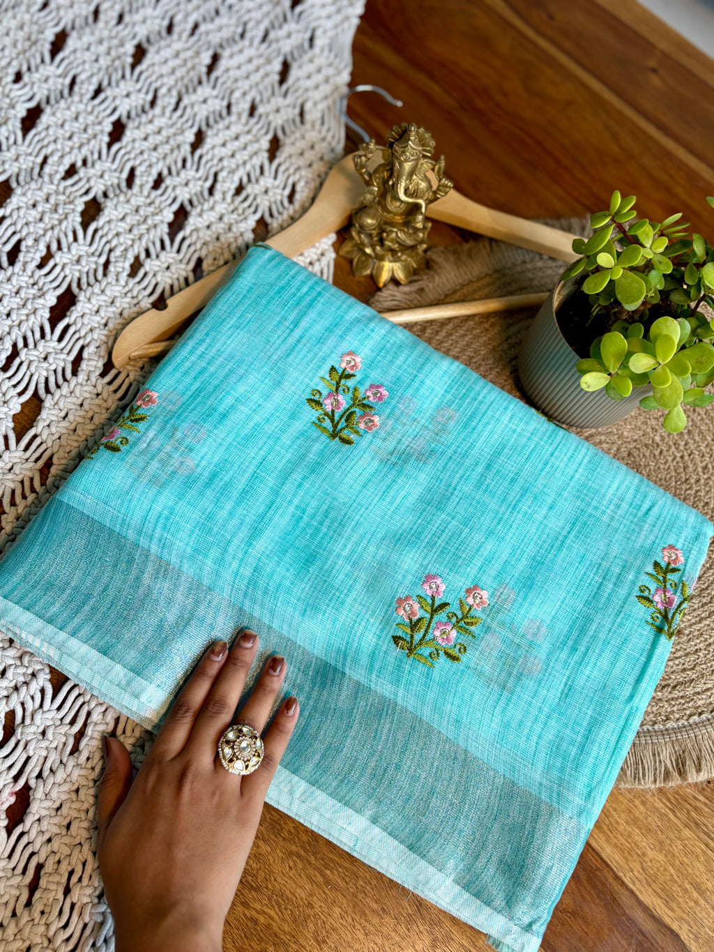 Soft Linen Cotton Saree – Intricate Sequins Work-Blue