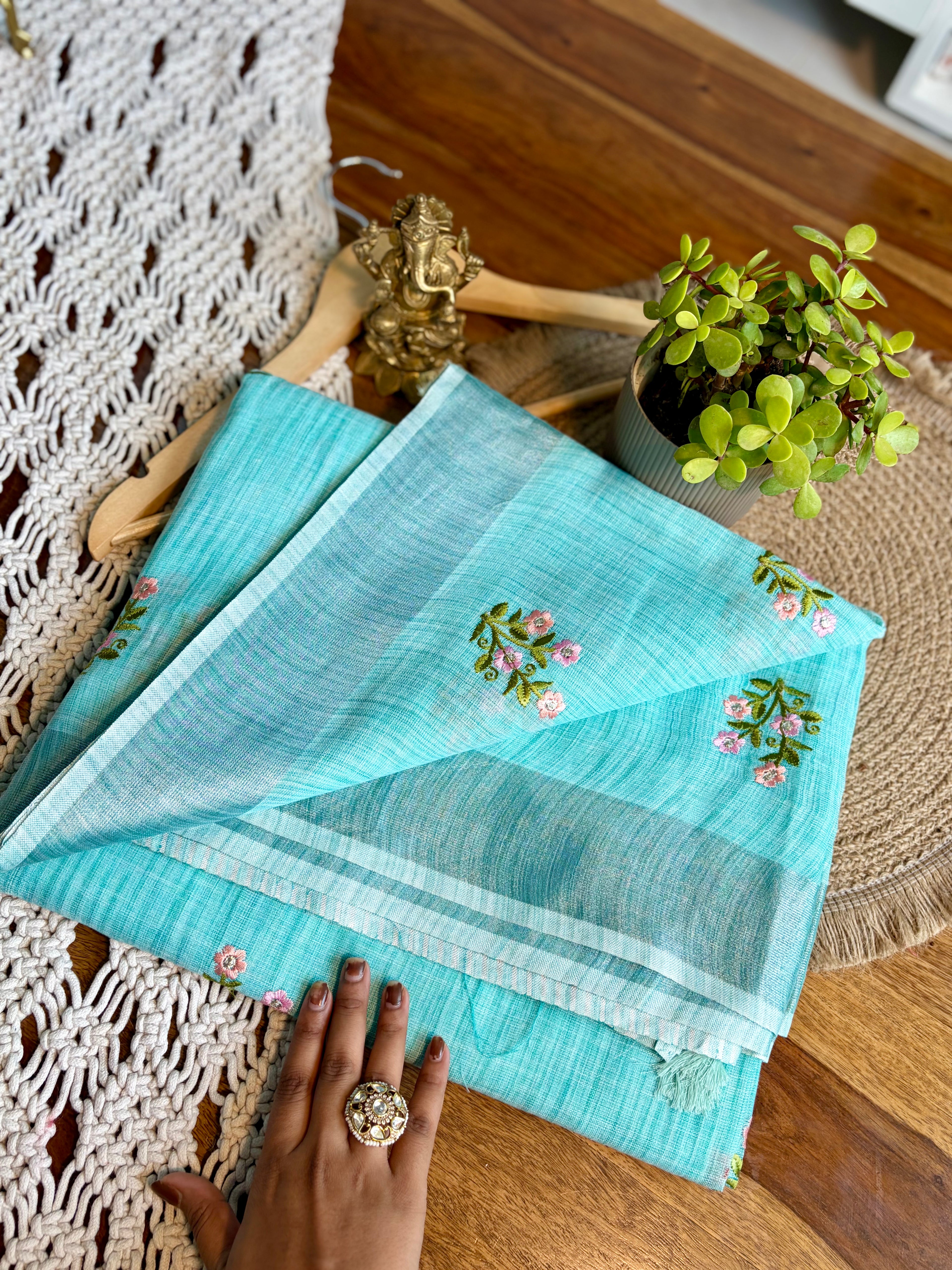 Soft Linen Cotton Saree – Intricate Sequins Work-Blue