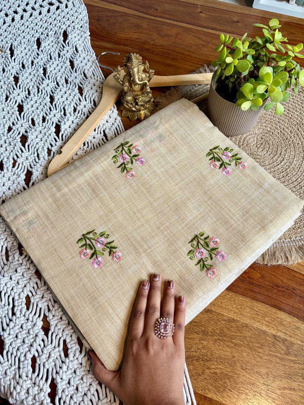 Luxurious Linen Cotton Saree with Embroidery-Beige