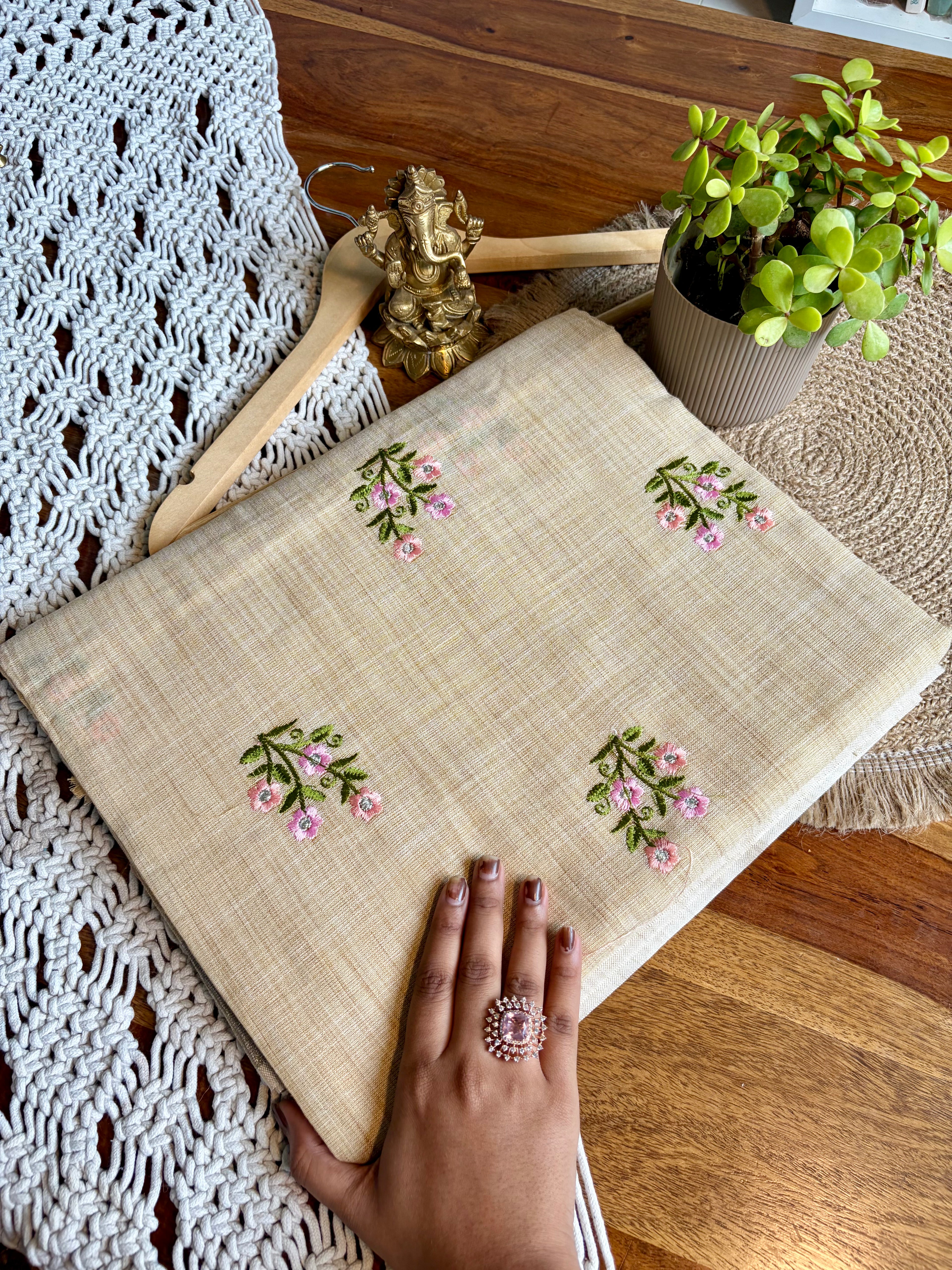 Luxurious Linen Cotton Saree with Embroidery-Beige