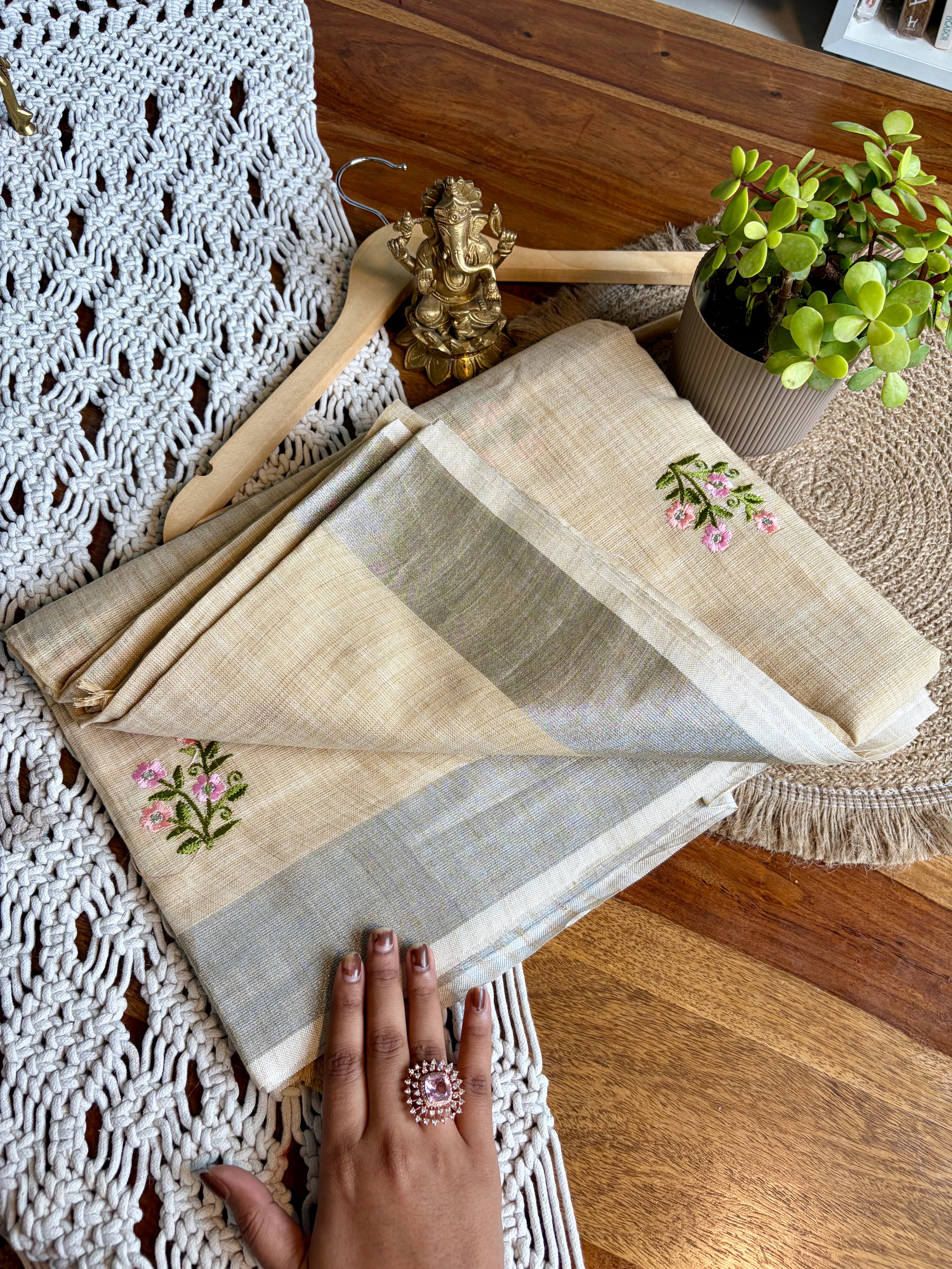 Luxurious Linen Cotton Saree with Embroidery-Beige