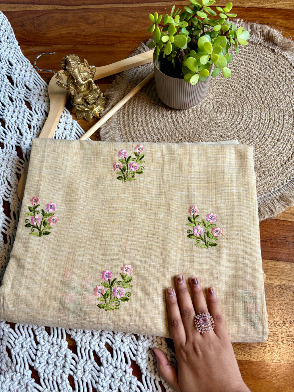 Luxurious Linen Cotton Saree with Embroidery-Beige