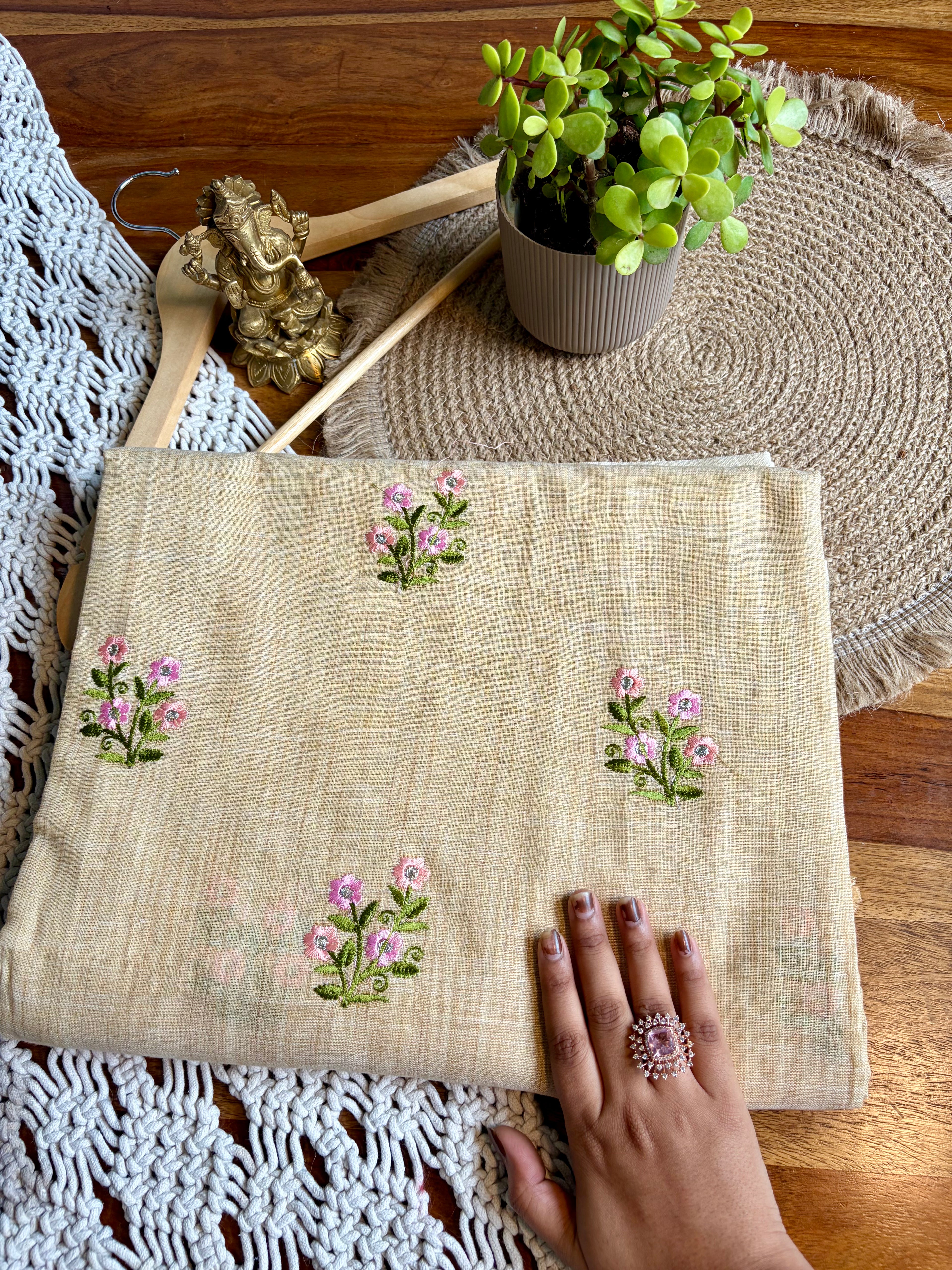 Luxurious Linen Cotton Saree with Embroidery-Beige