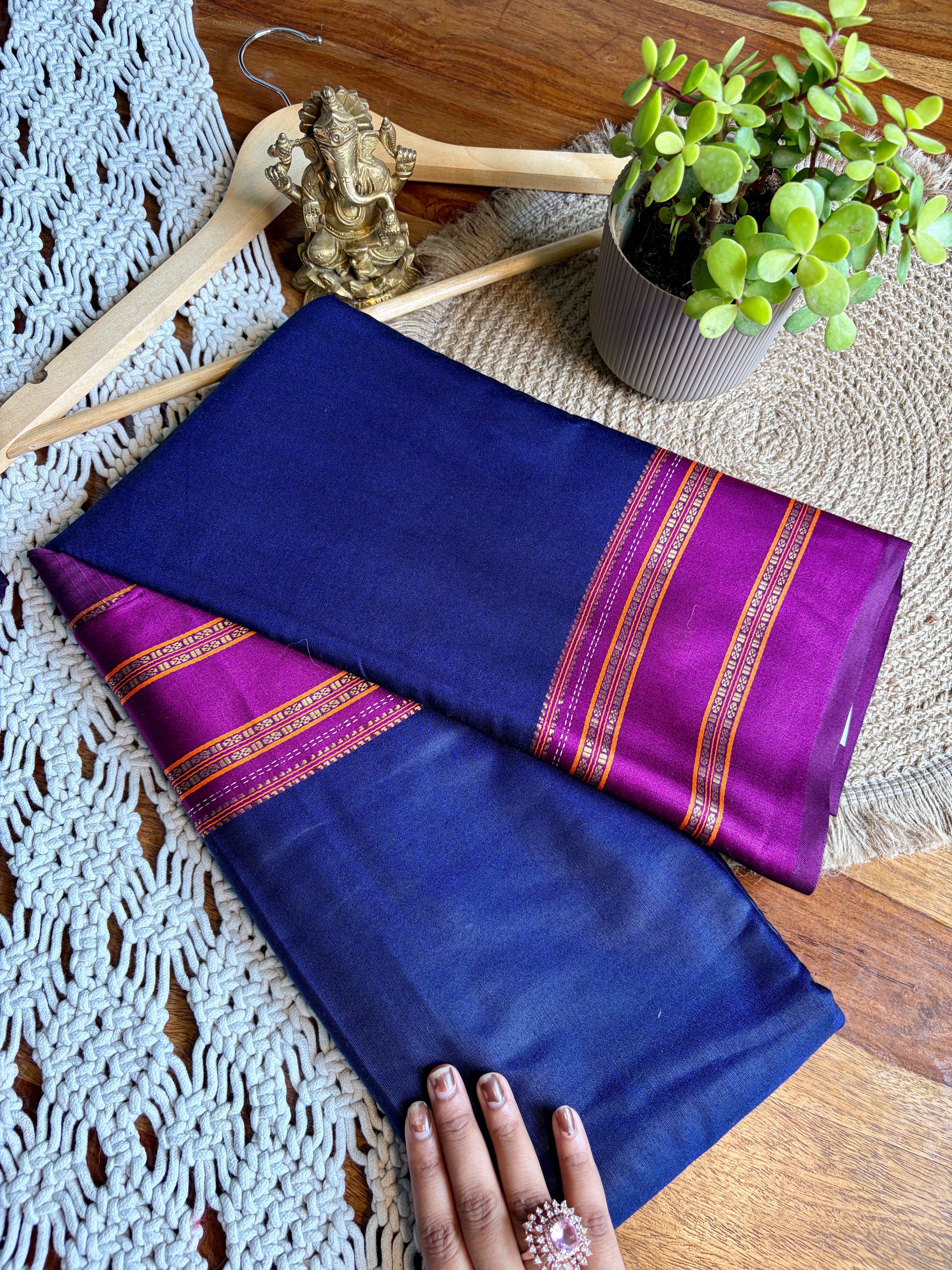 Plain Semi-Silk Saree with Contrast Border -Blue