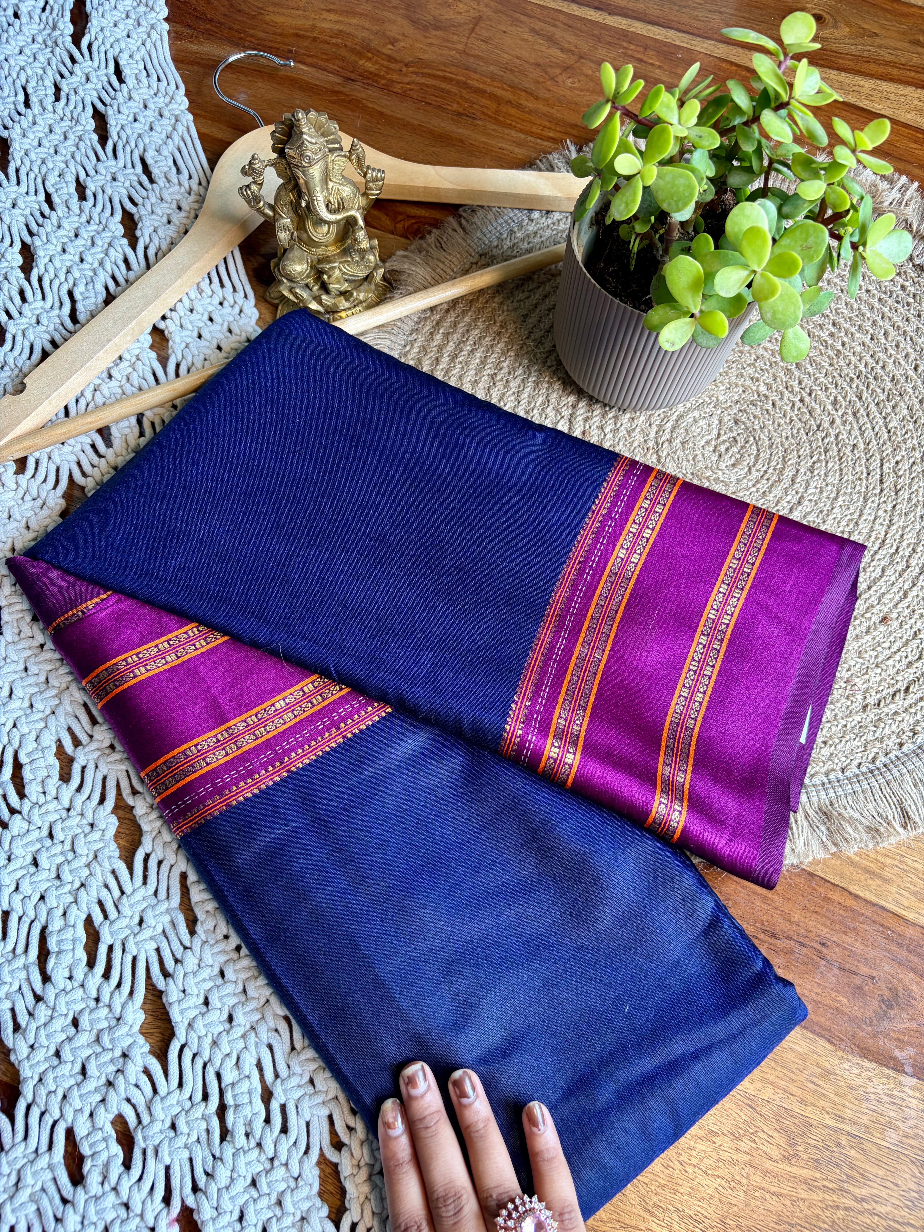 Plain Semi-Silk Saree with Contrast Border -Blue