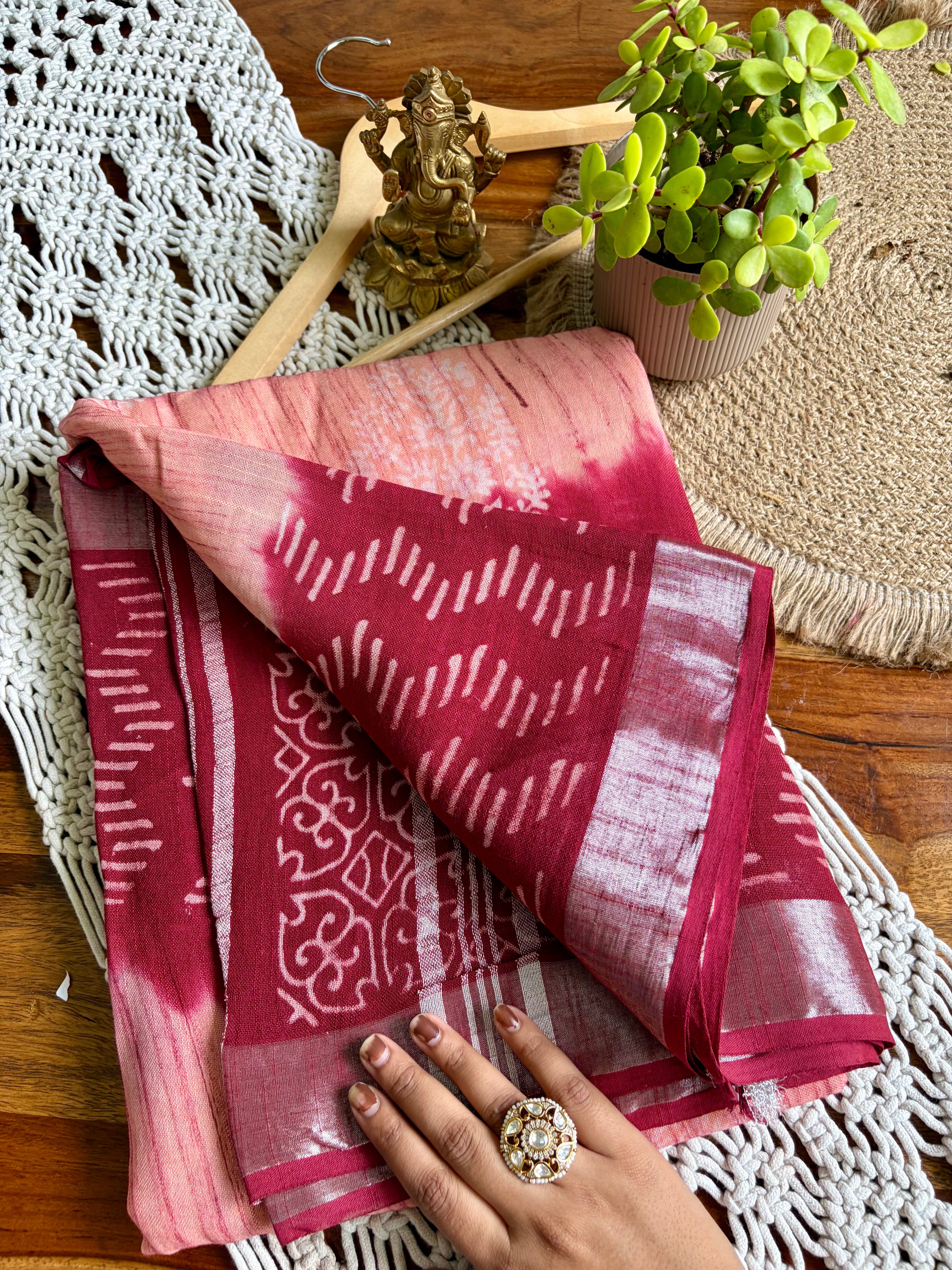Bagru Soft Linen Saree – Chemical-Free Block Print- Red