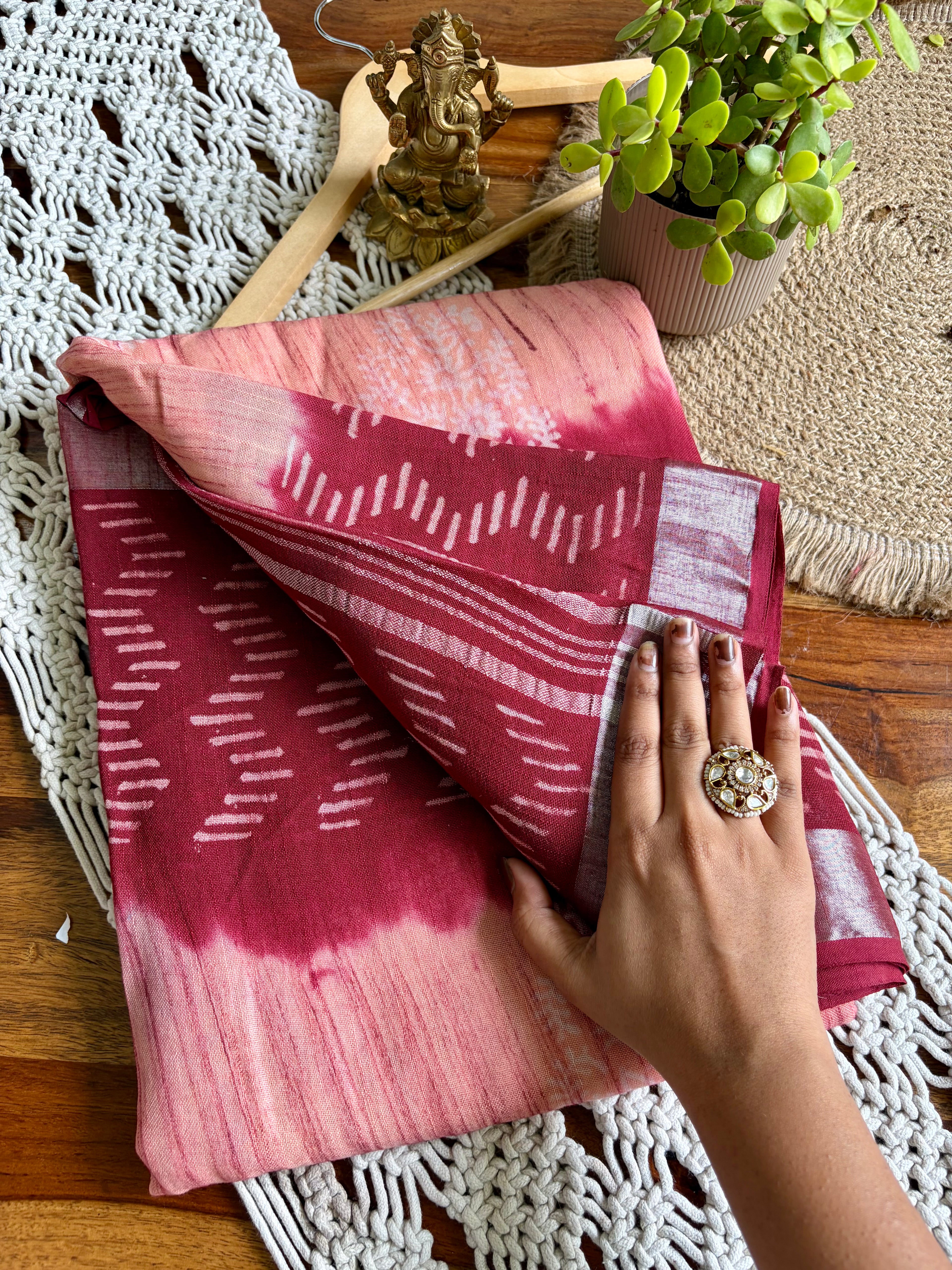 Bagru Soft Linen Saree – Chemical-Free Block Print- Red