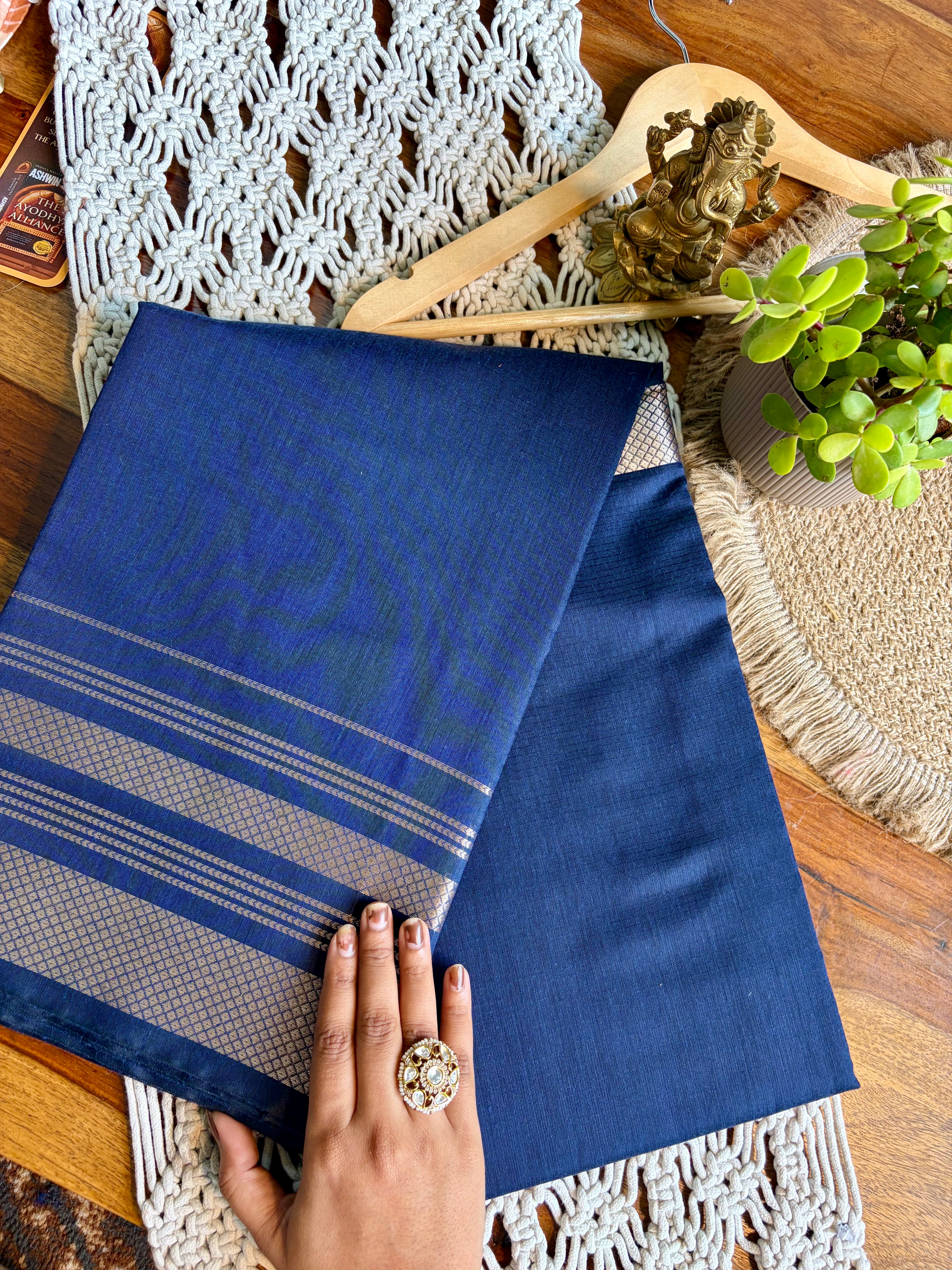 Soft Kanjeevaram Cotton Saree-Navy Blue
