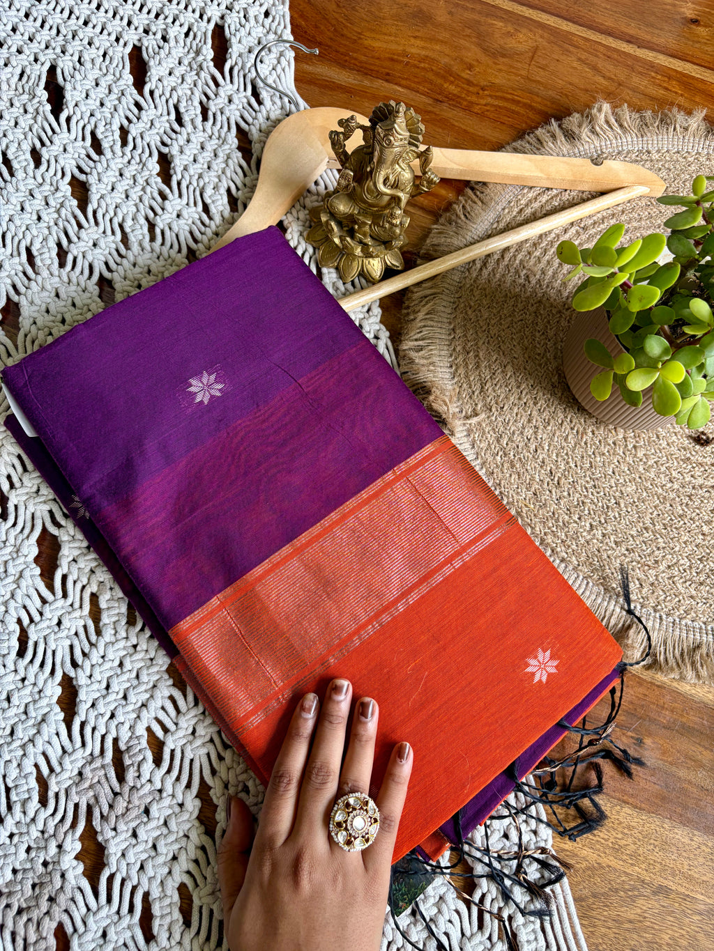 Maheshwari Silk Saree -Orange/Violet