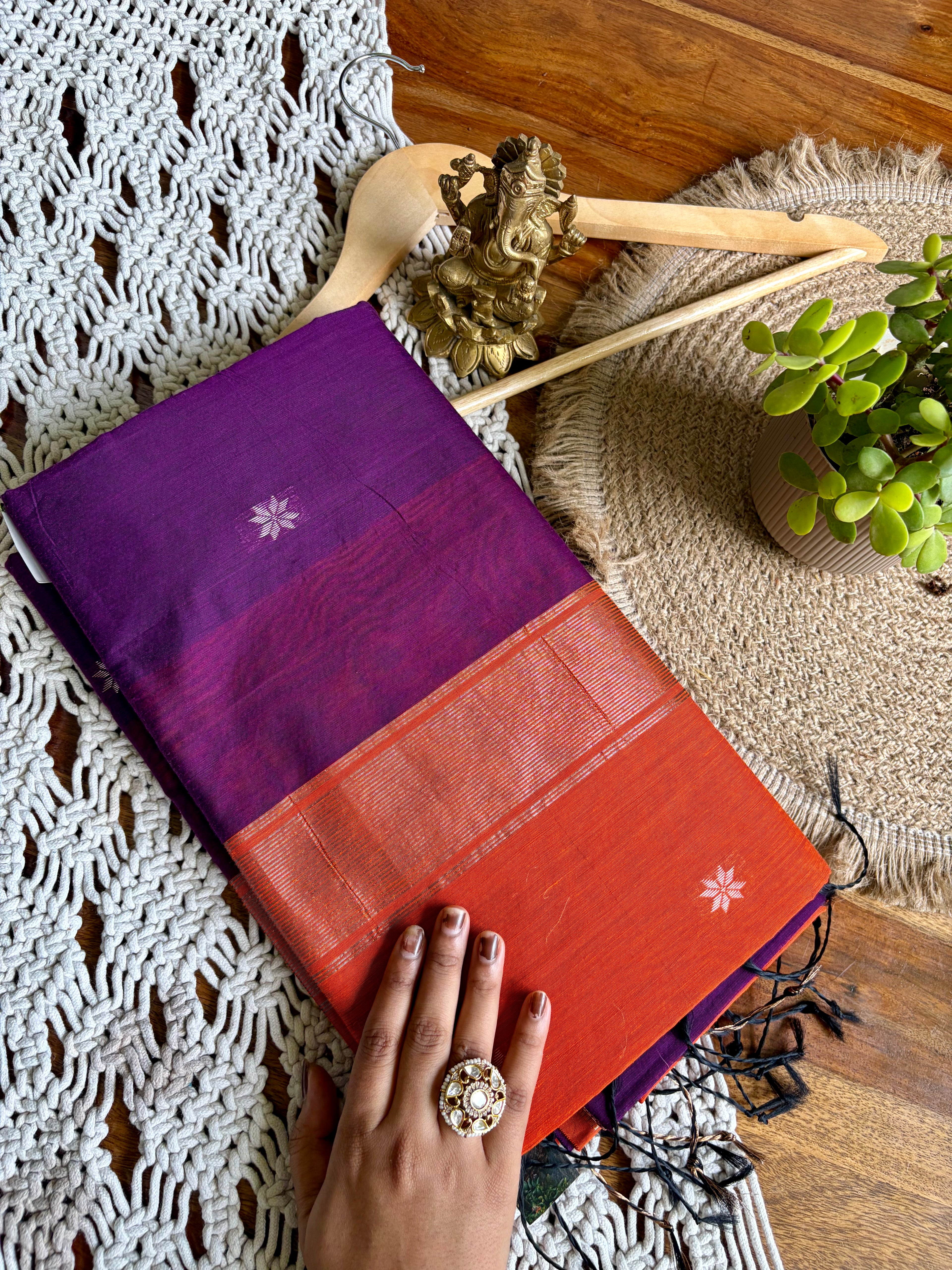 Maheshwari Silk Saree -Orange/Violet
