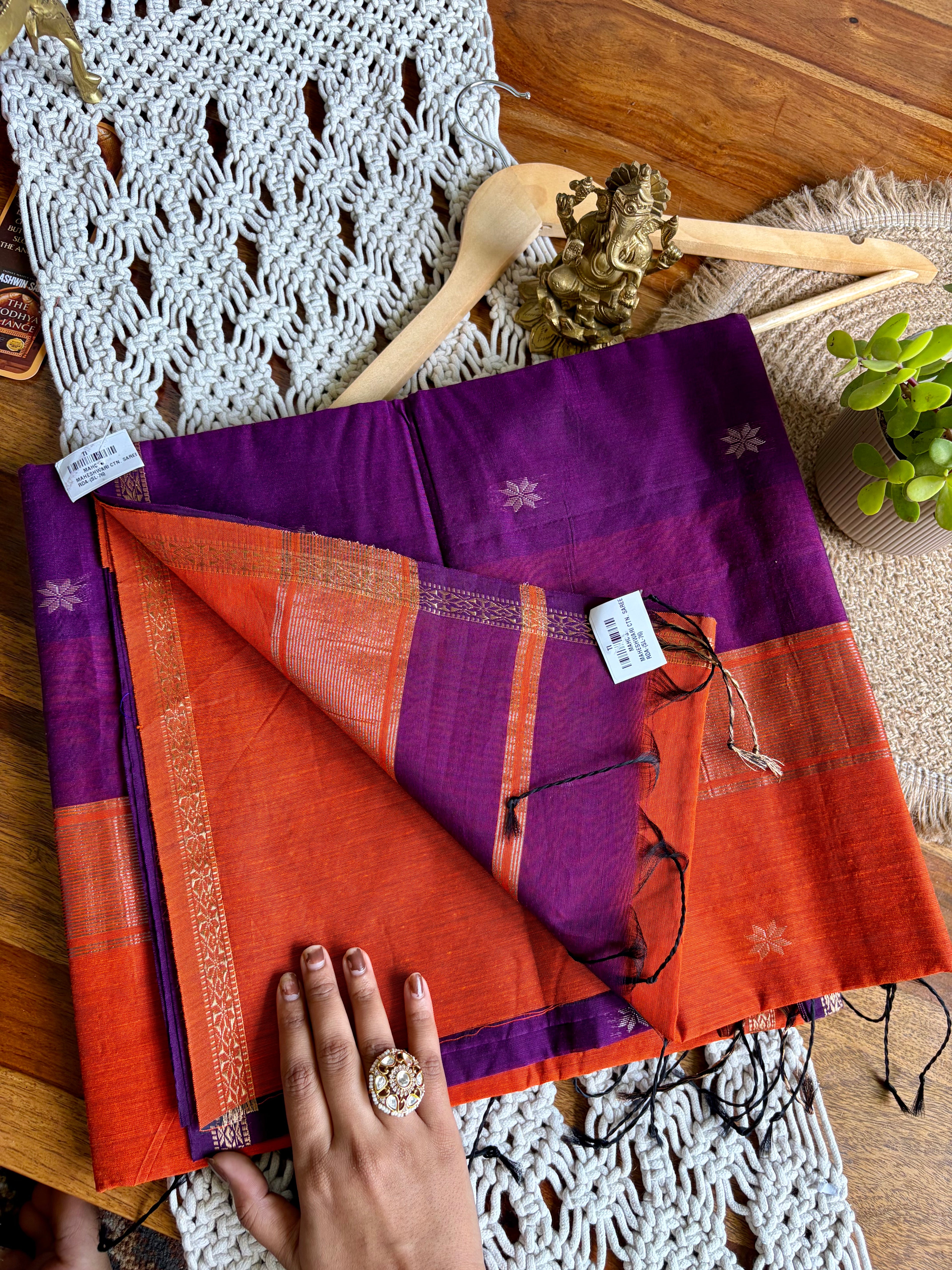 Maheshwari Silk Saree -Orange/Violet