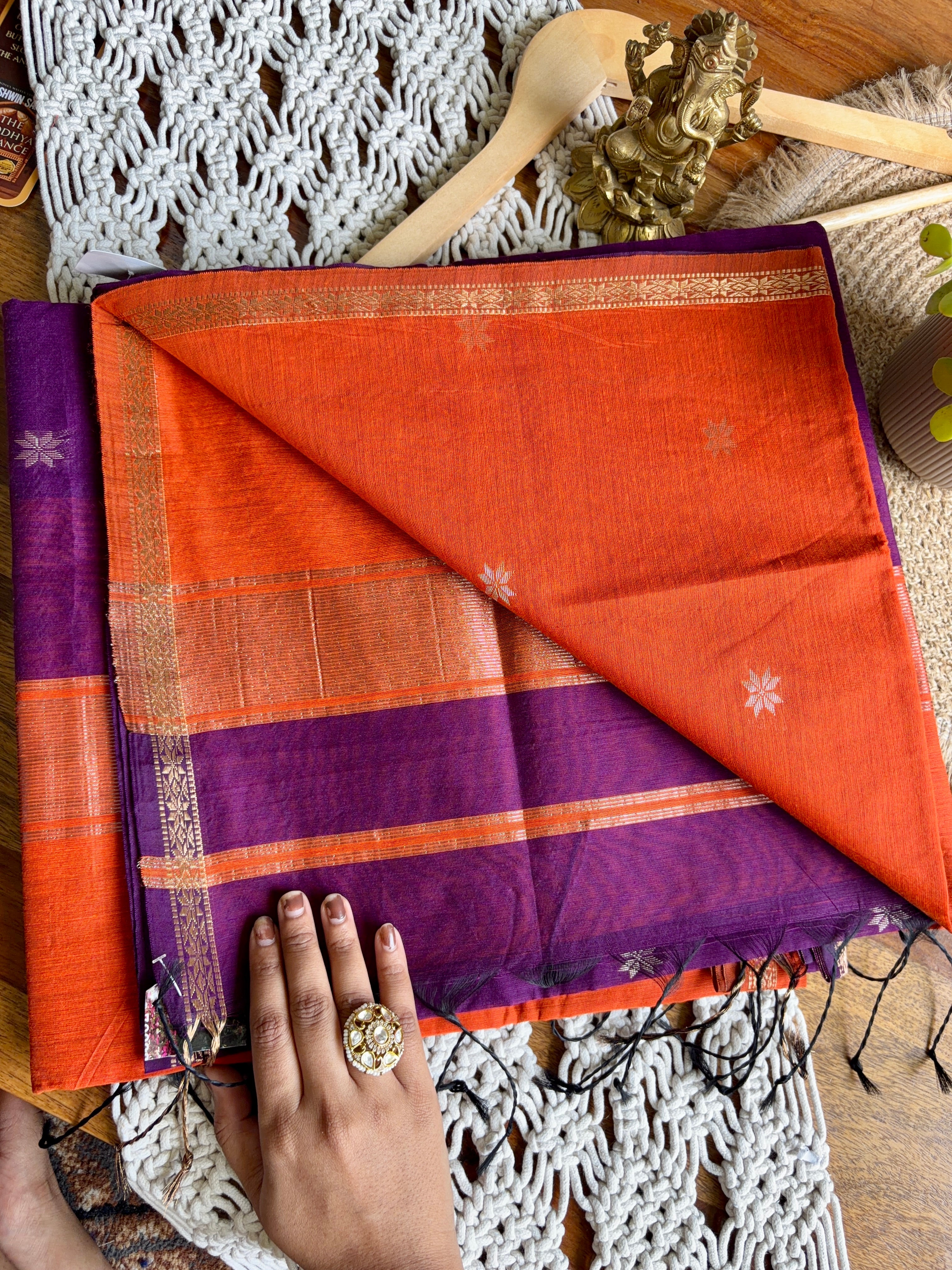 Maheshwari Silk Saree -Orange/Violet