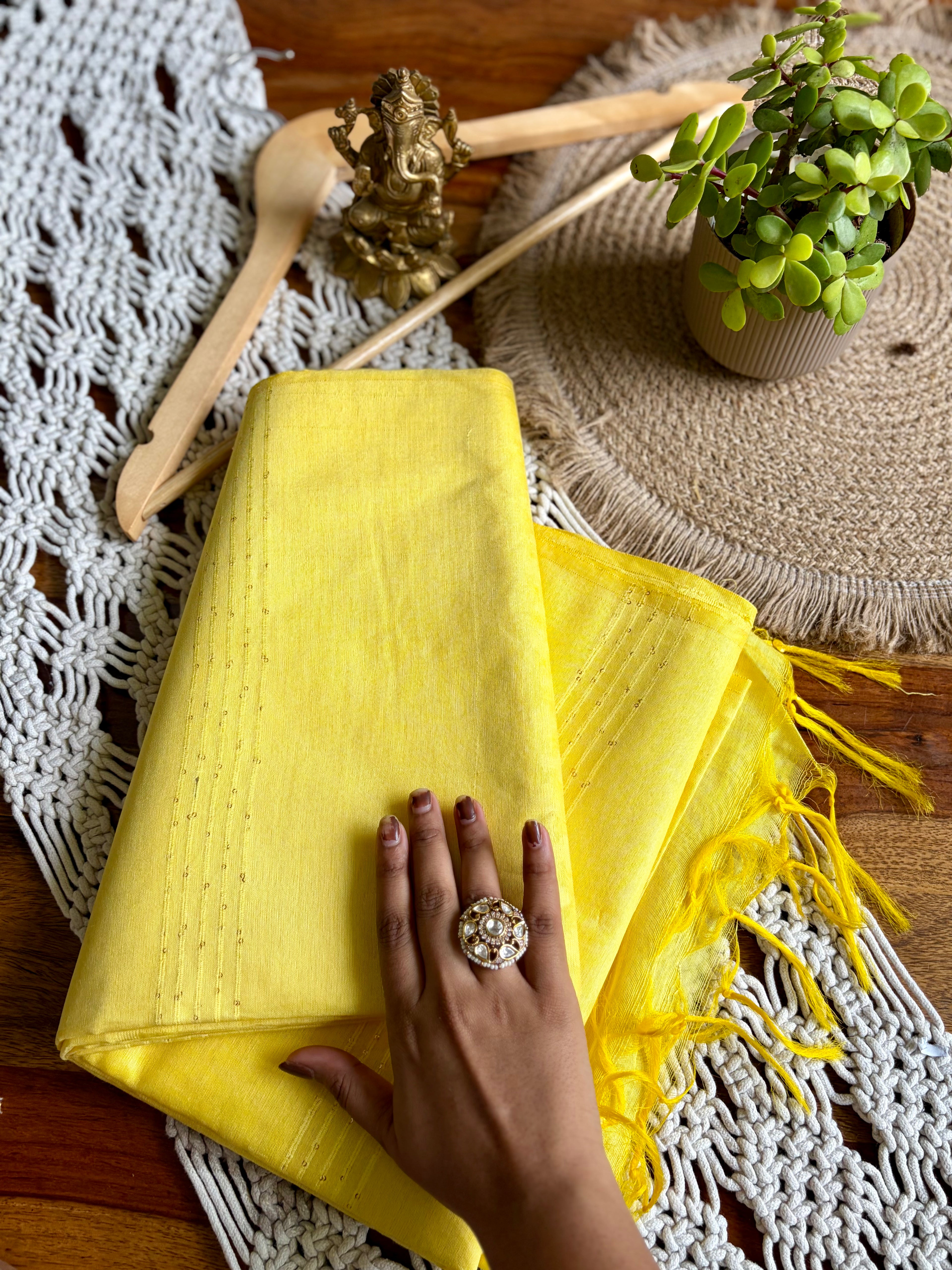 Soft Linen Cotton Saree – Intricate Sequins Work- Yellow