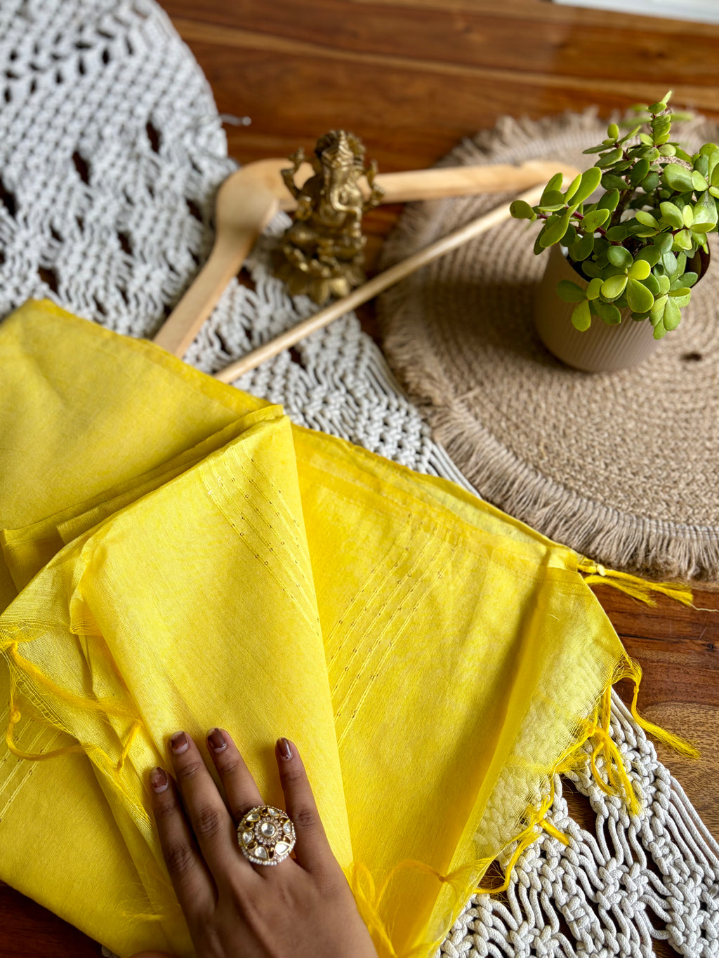 Soft Linen Cotton Saree – Intricate Sequins Work- Yellow