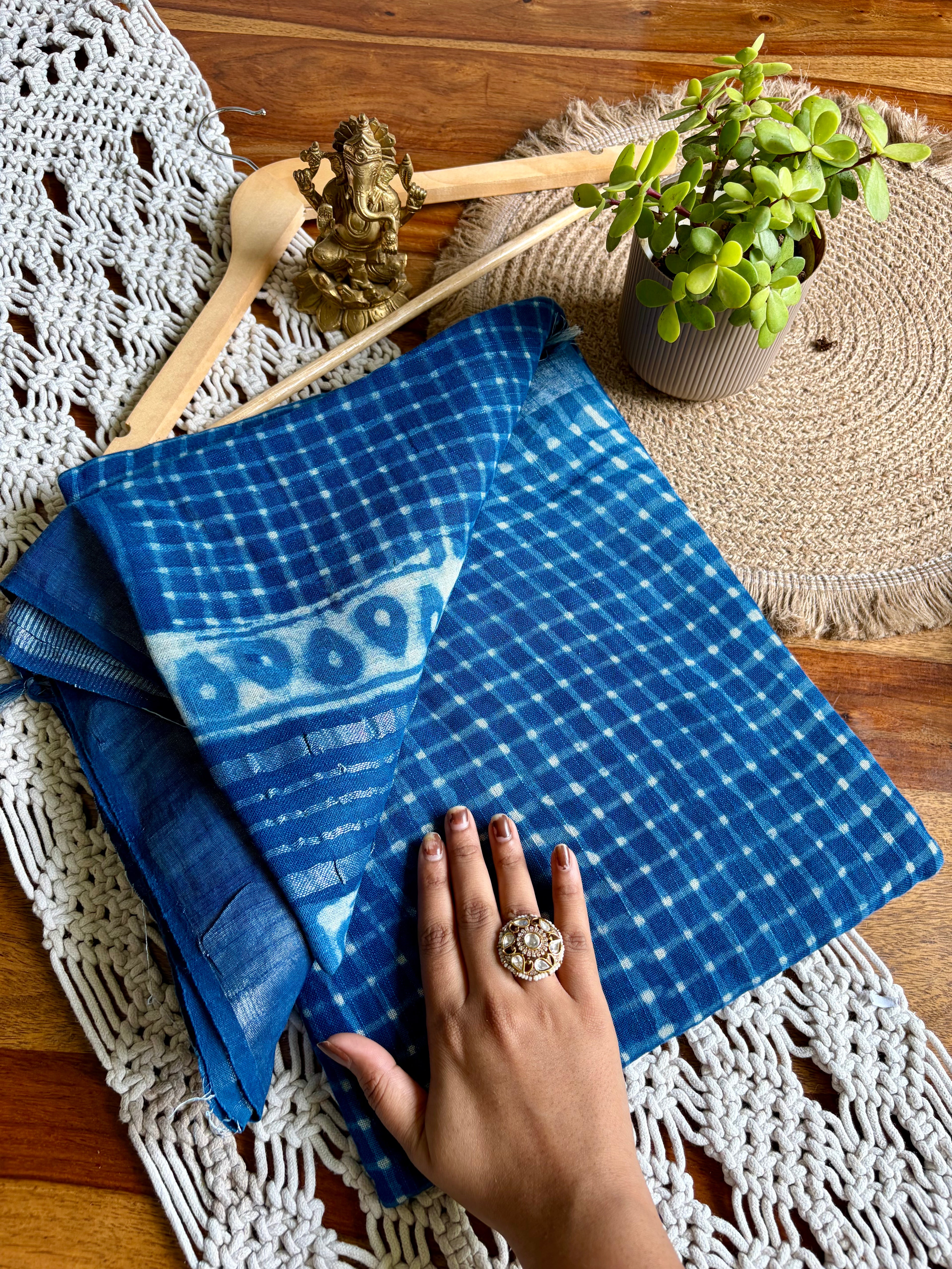 Bagru Soft Linen Saree – Chemical-Free Block Print-Blue