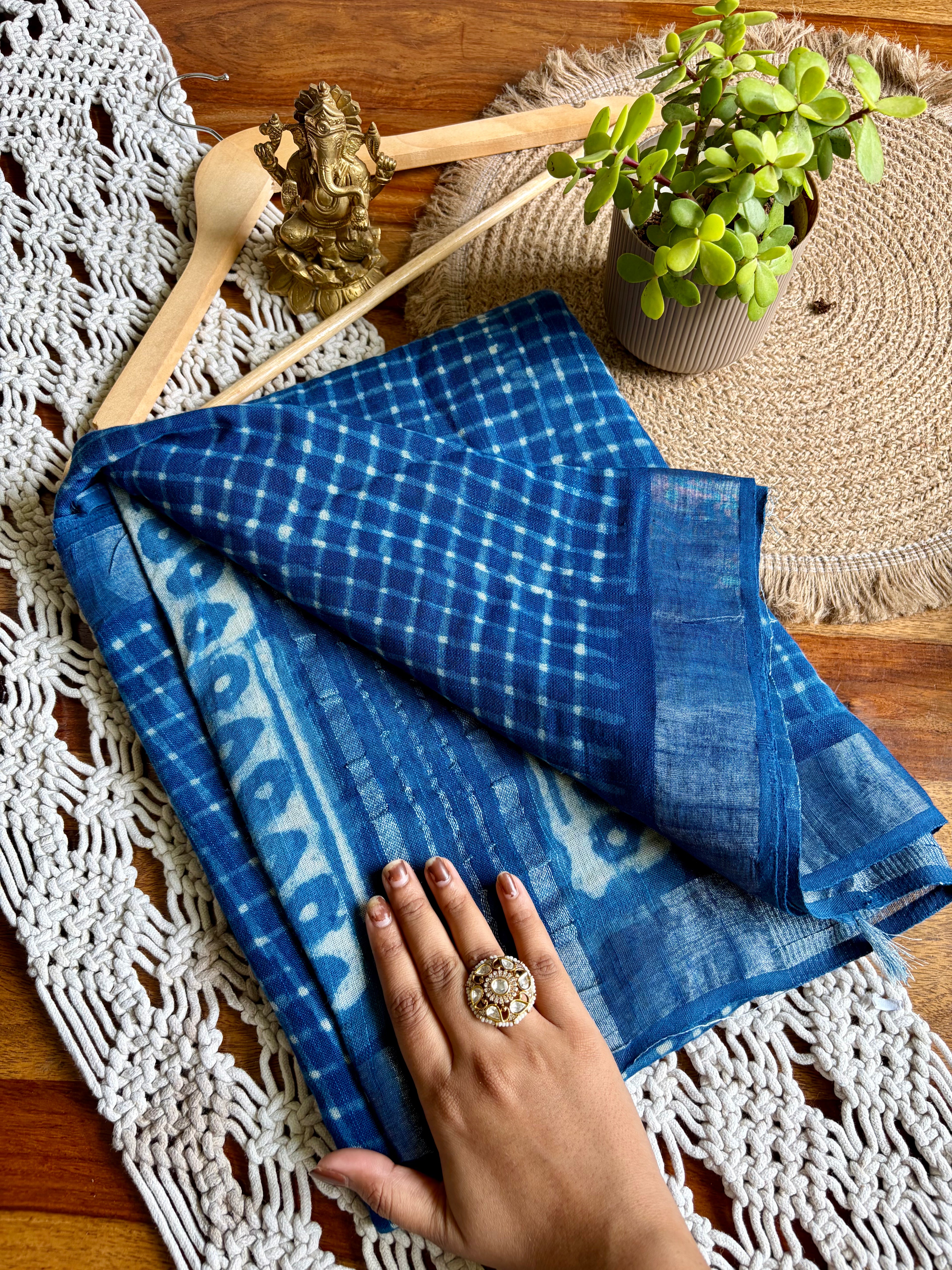 Bagru Soft Linen Saree – Chemical-Free Block Print-Blue