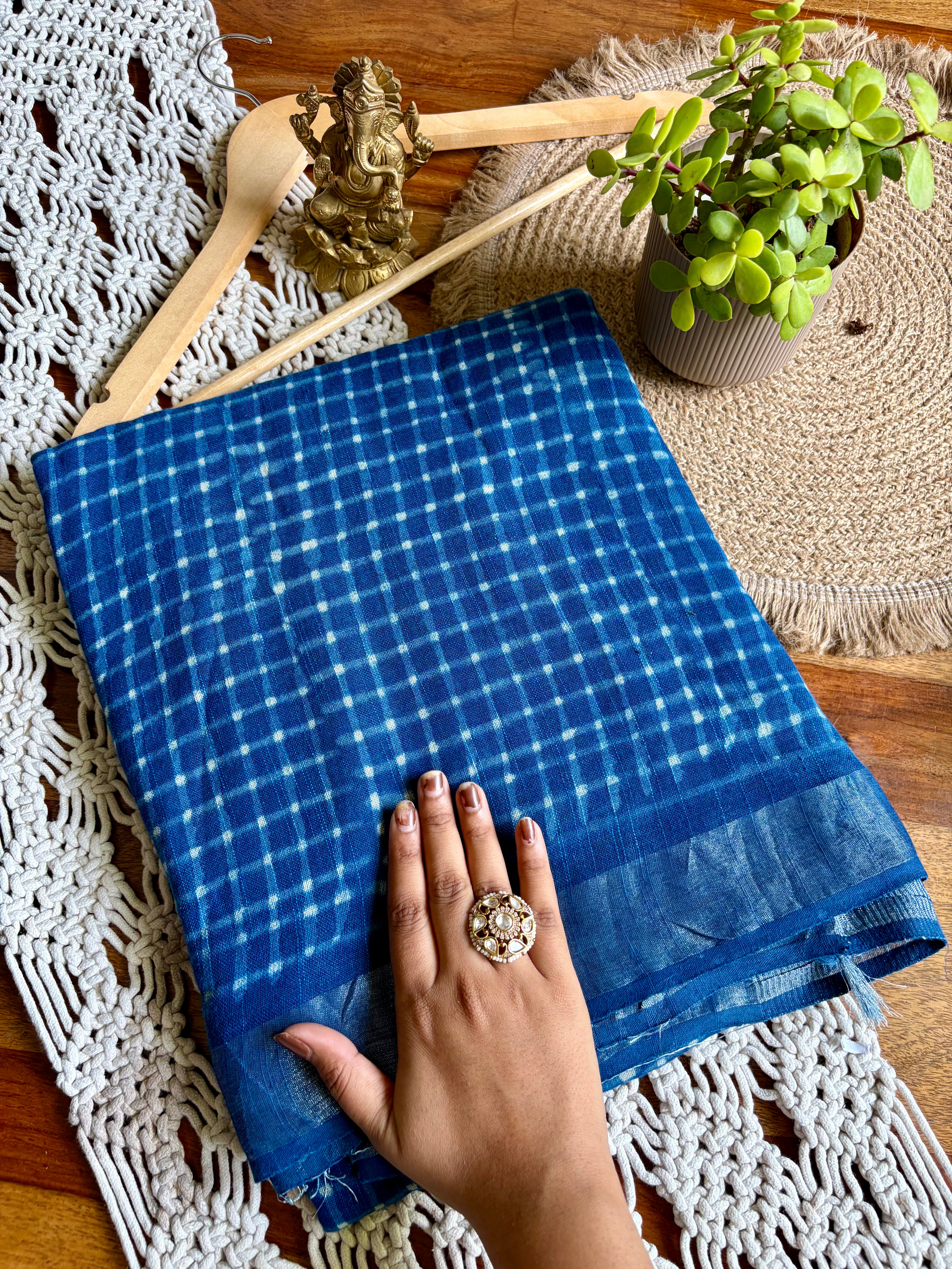 Bagru Soft Linen Saree – Chemical-Free Block Print-Blue