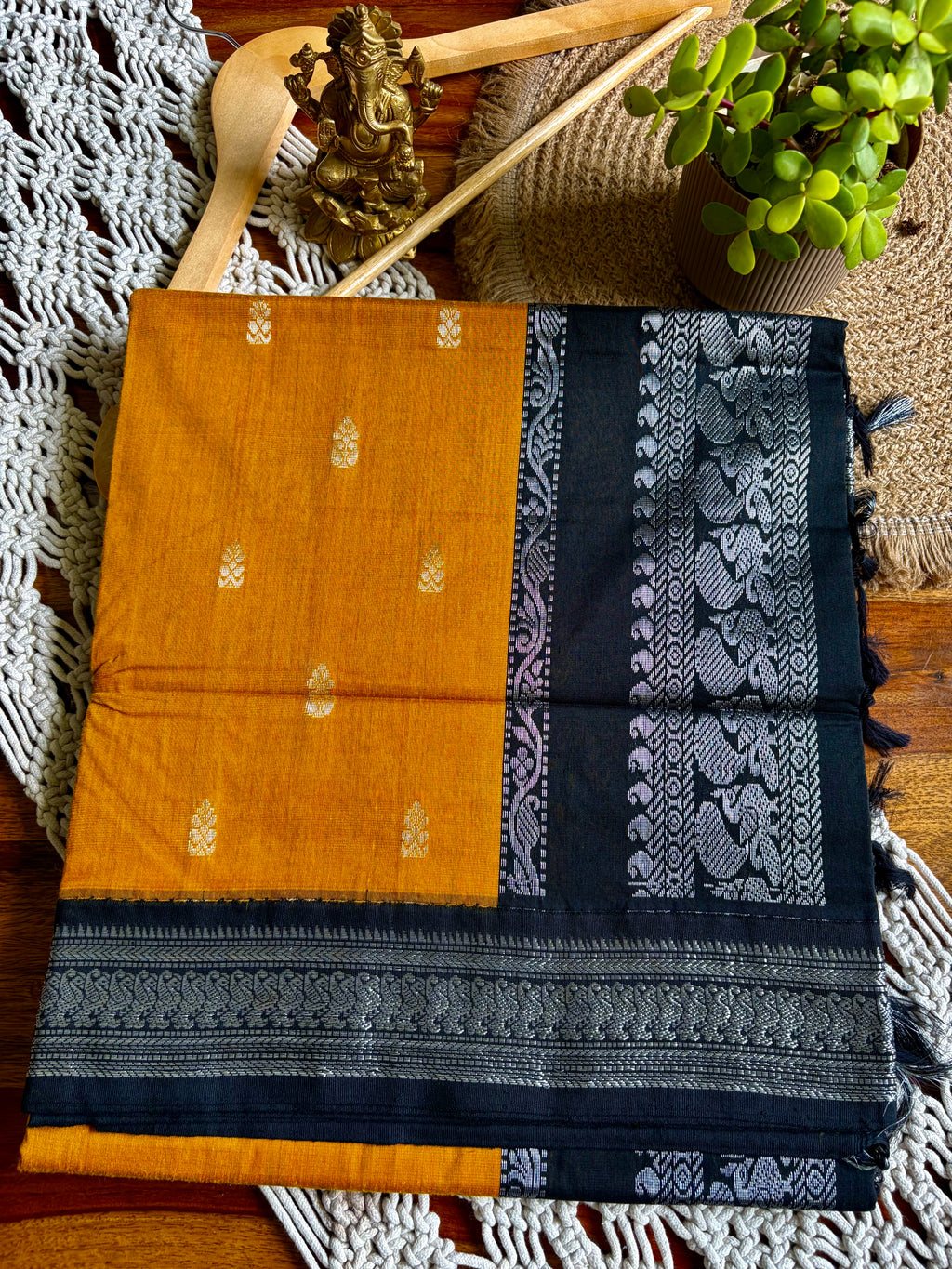 Soft Kalyani Cotton Saree -Mustard Yellow/Black