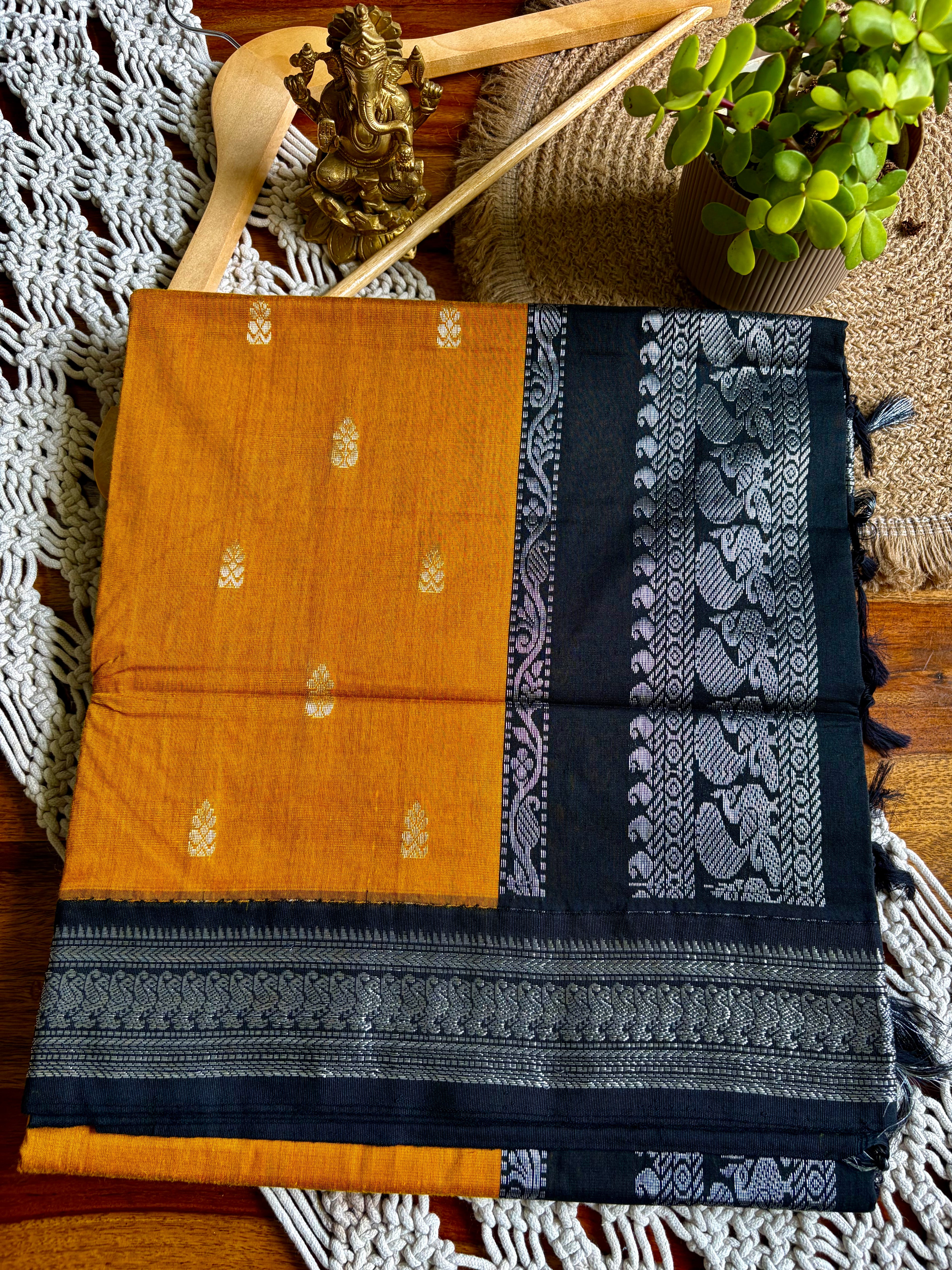 Soft Kalyani Cotton Saree -Mustard Yellow/Black