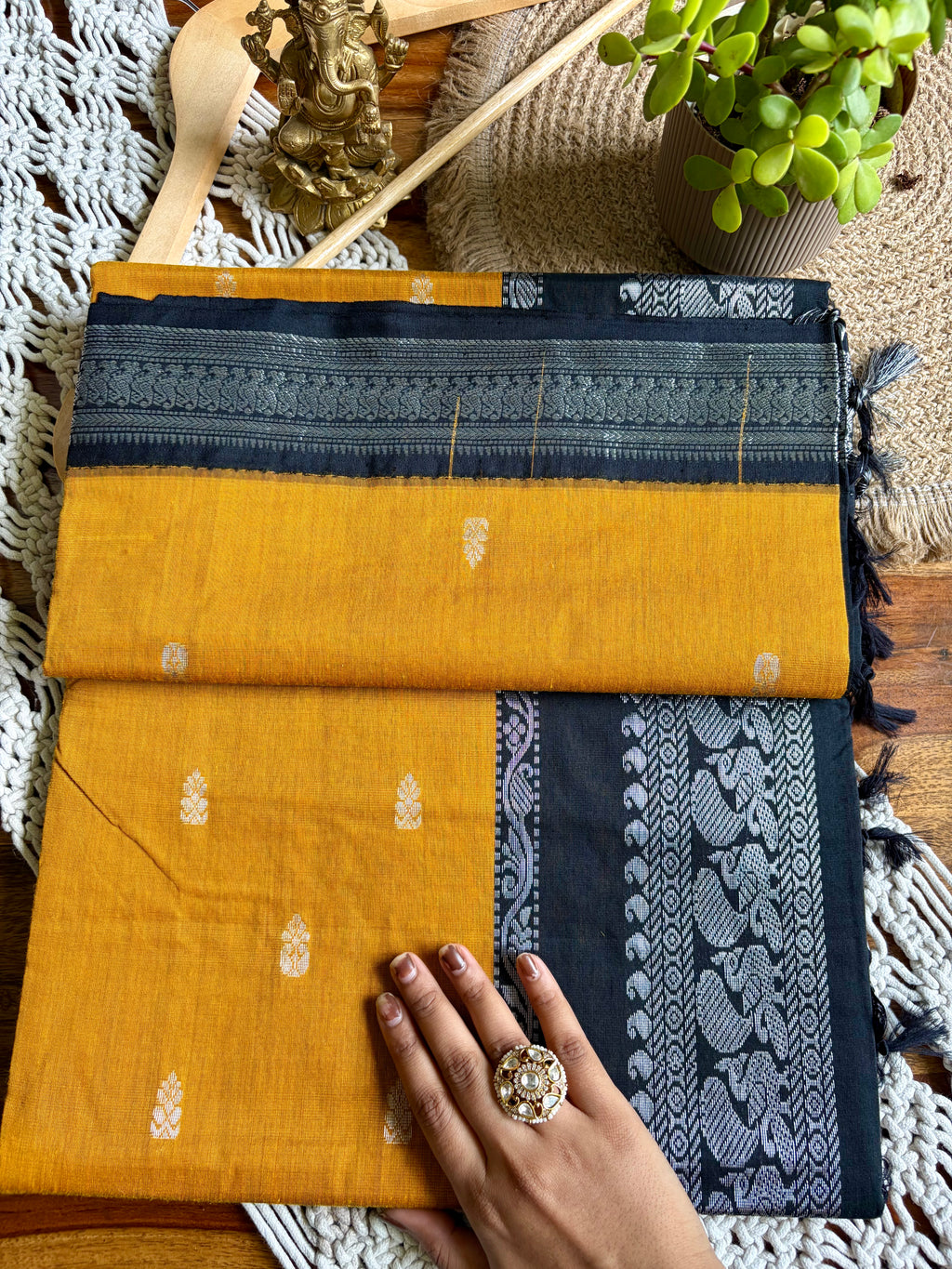 Soft Kalyani Cotton Saree -Mustard Yellow/Black