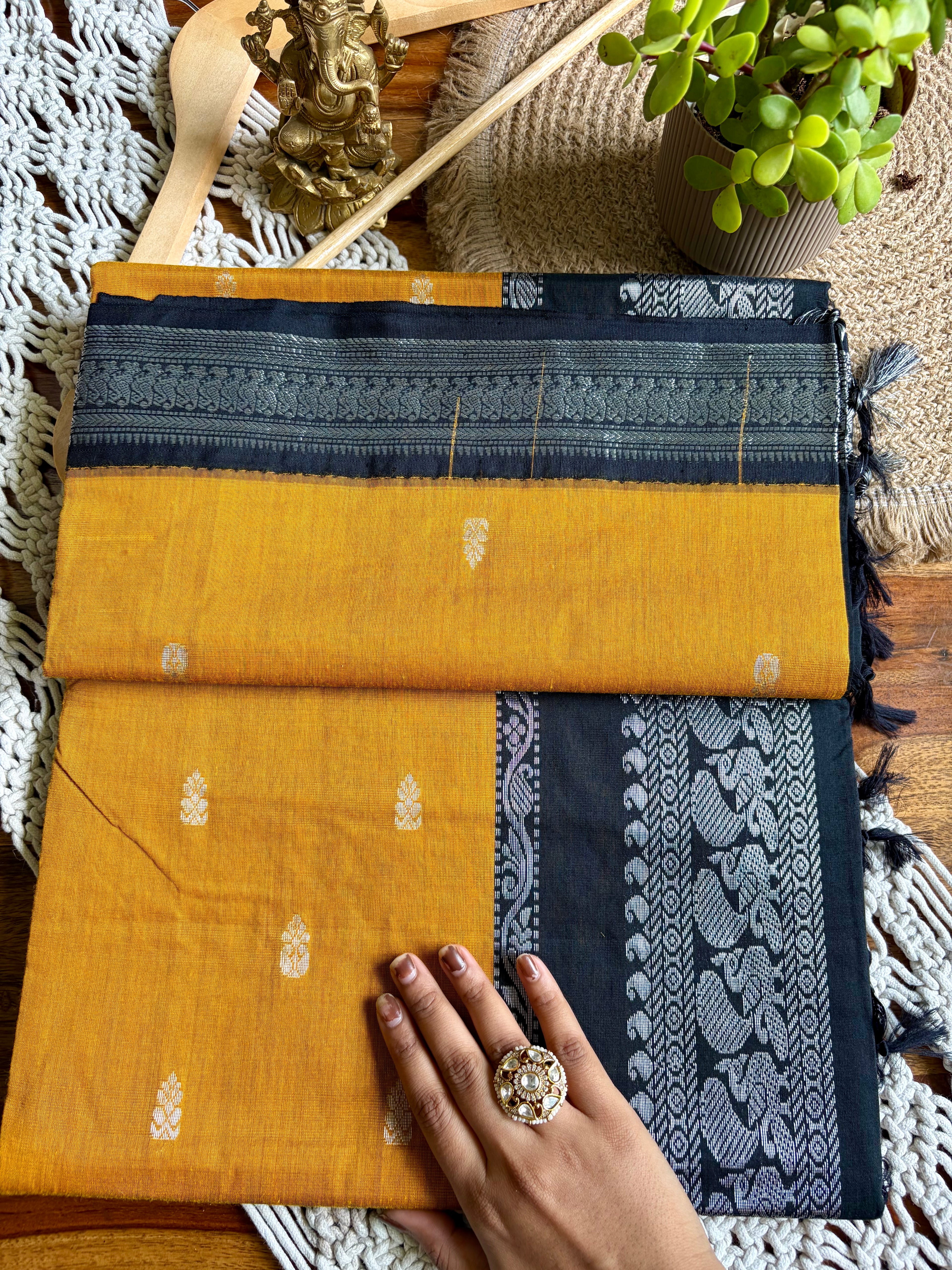 Soft Kalyani Cotton Saree -Mustard Yellow/Black