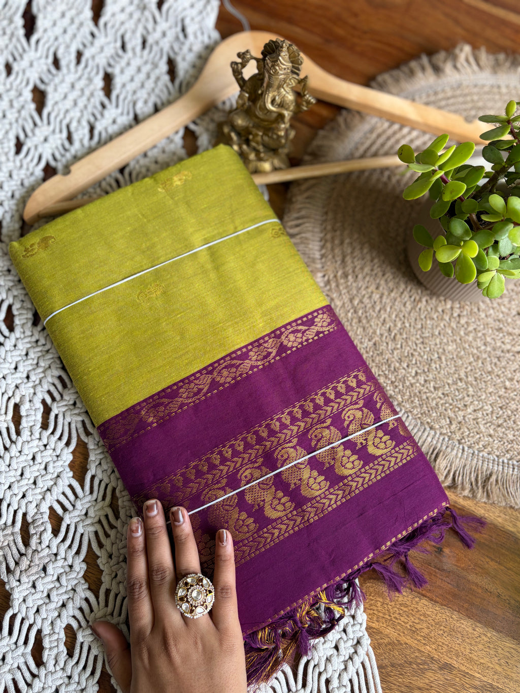 Soft Kalyani Cotton Saree - Lime Green/Purple