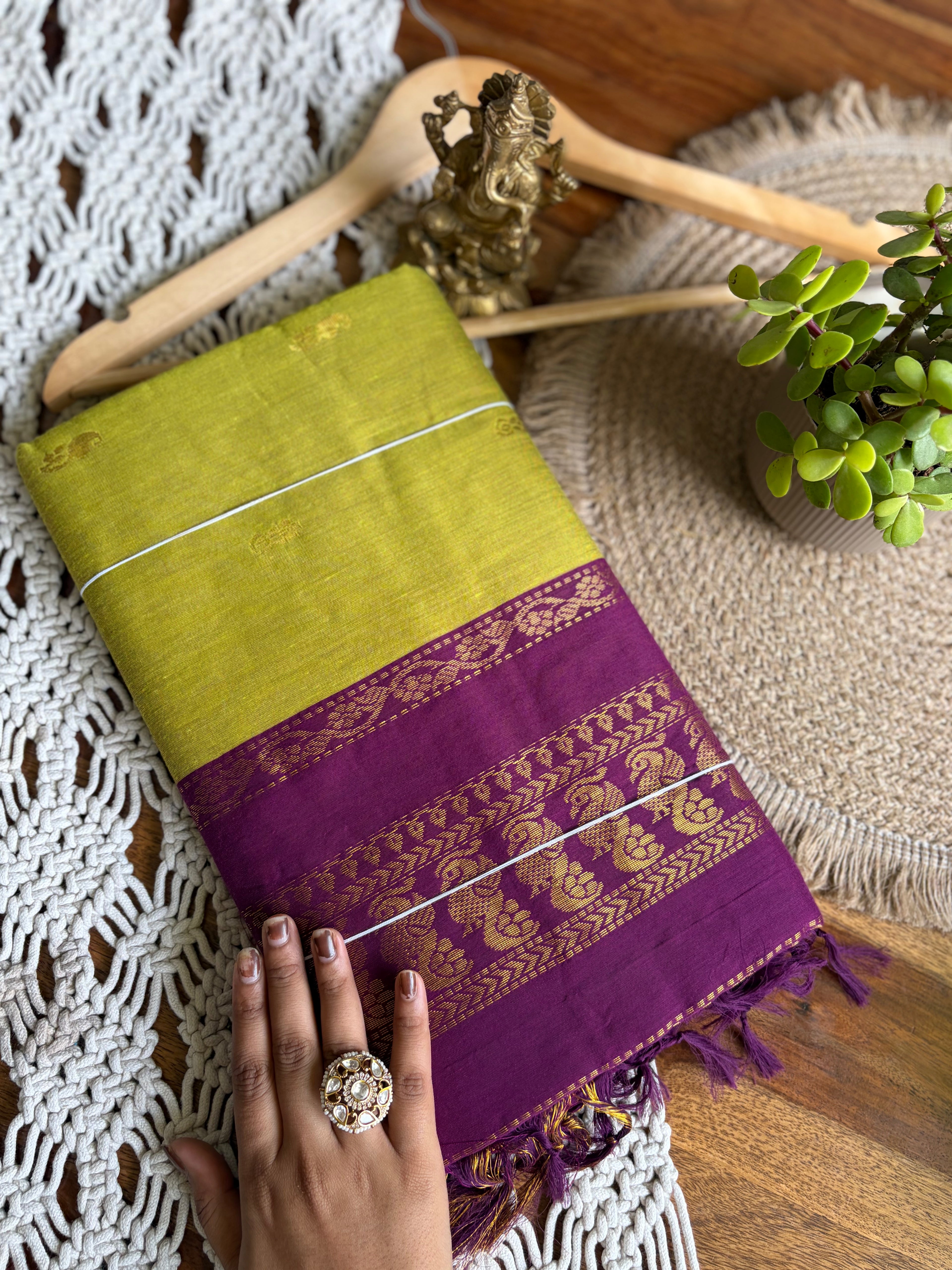 Soft Kalyani Cotton Saree - Lime Green/Purple