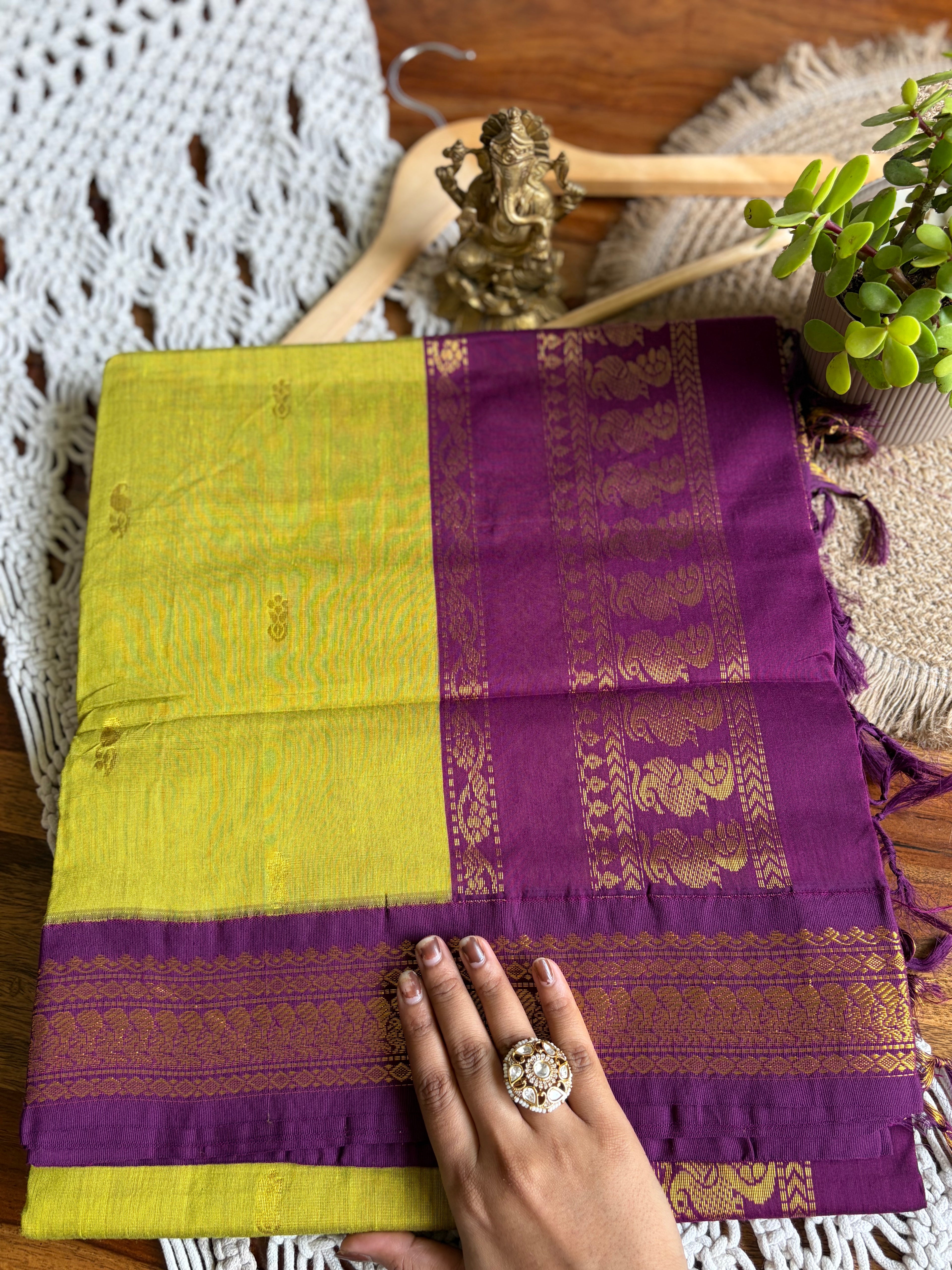 Soft Kalyani Cotton Saree - Lime Green/Purple
