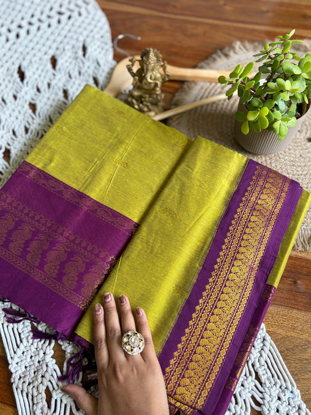 Soft Kalyani Cotton Saree - Lime Green/Purple
