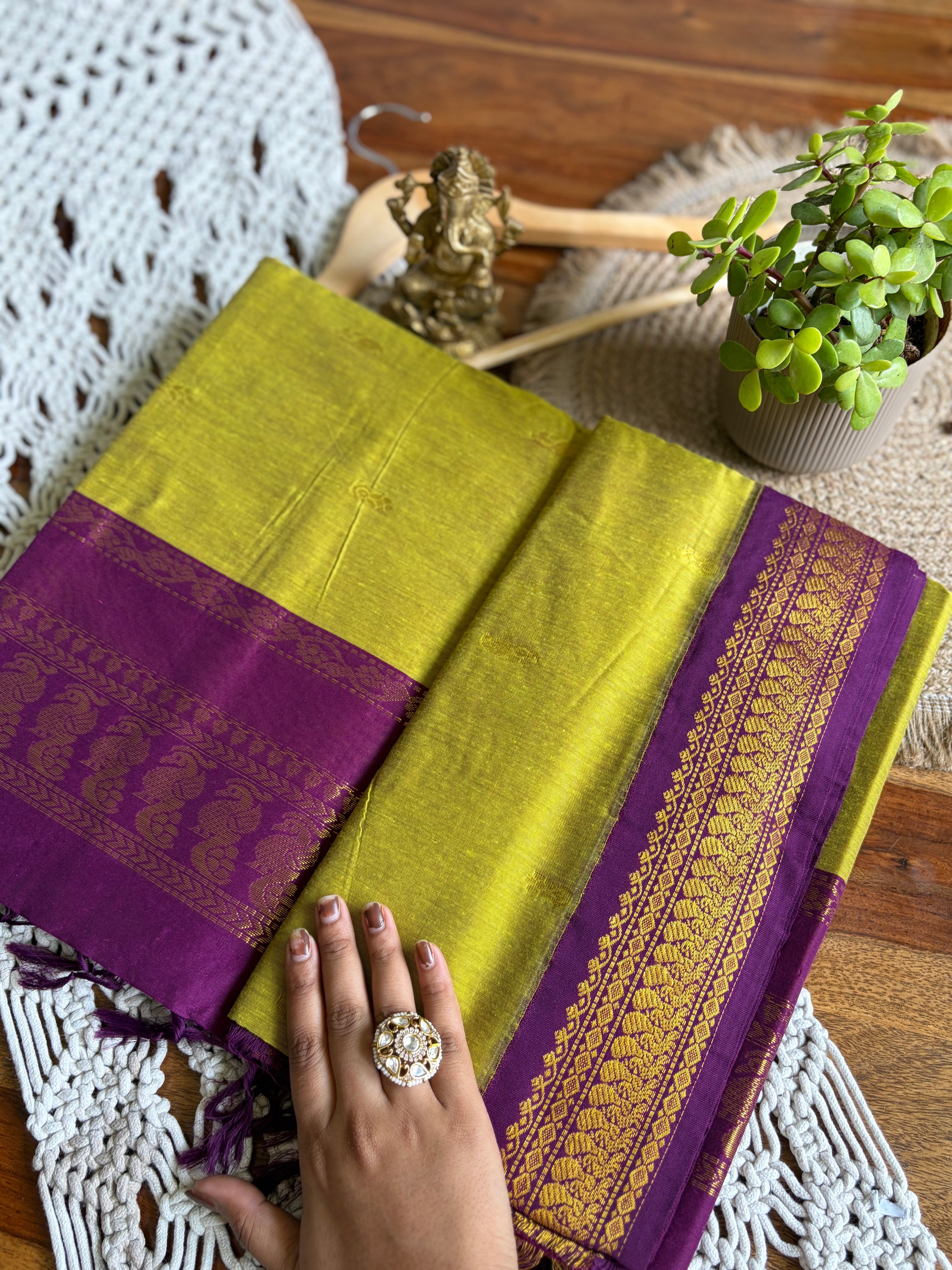 Soft Kalyani Cotton Saree - Lime Green/Purple
