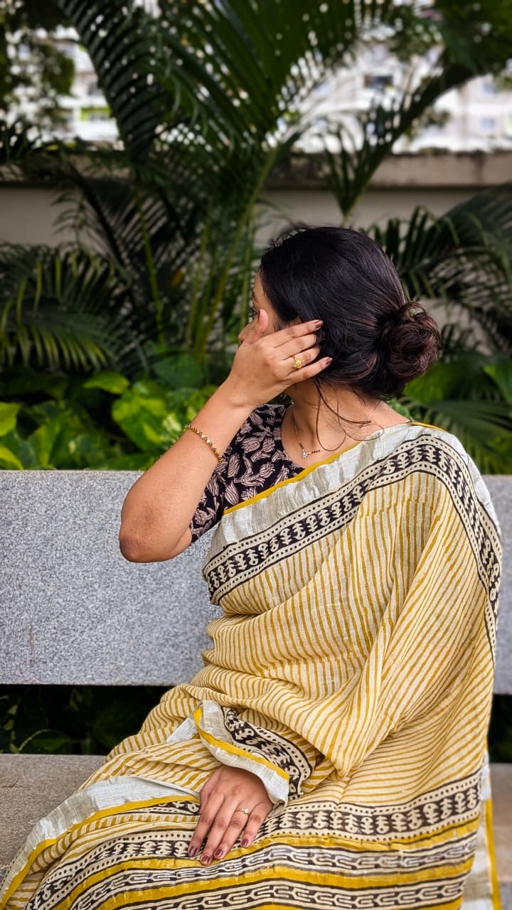 Bagru Soft Linen Saree – Chemical-Free Block Print-Yellow