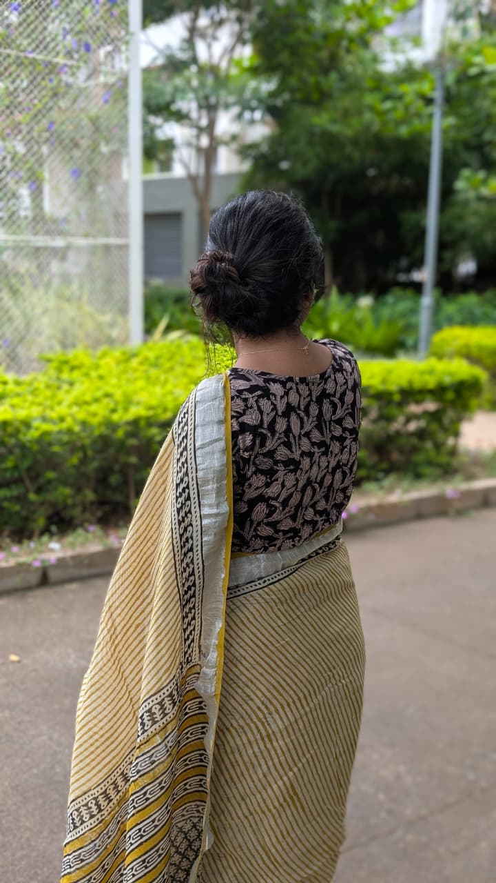 Bagru Soft Linen Saree – Chemical-Free Block Print-Yellow